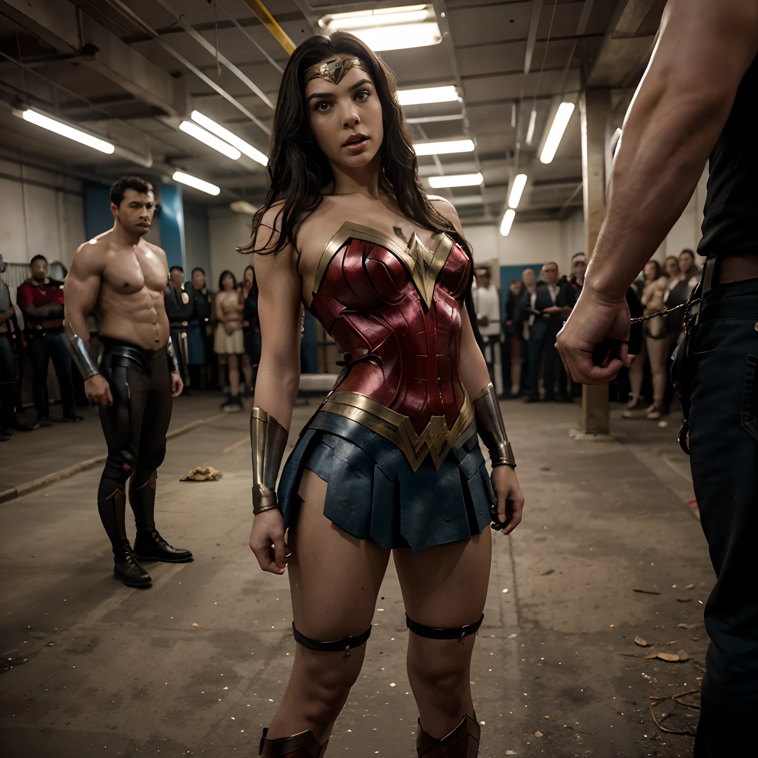 Wonder Woman with skirt surrounded by a group of men, possibly in a dangerous situation. She restrained in some way, such as being tied up, chained, or shackled. The image should show Wonder Woman's strength and determination, despite her inability to move freely. Her facial expression can be serious or intense, as she struggles against her restraints. The image can convey a sense of danger, as well as the potential for Wonder Woman to escape or otherwise overpower her captors. The image should have a dynamic energy, with Wonder Woman firmly at the center. Full body, BDSM.