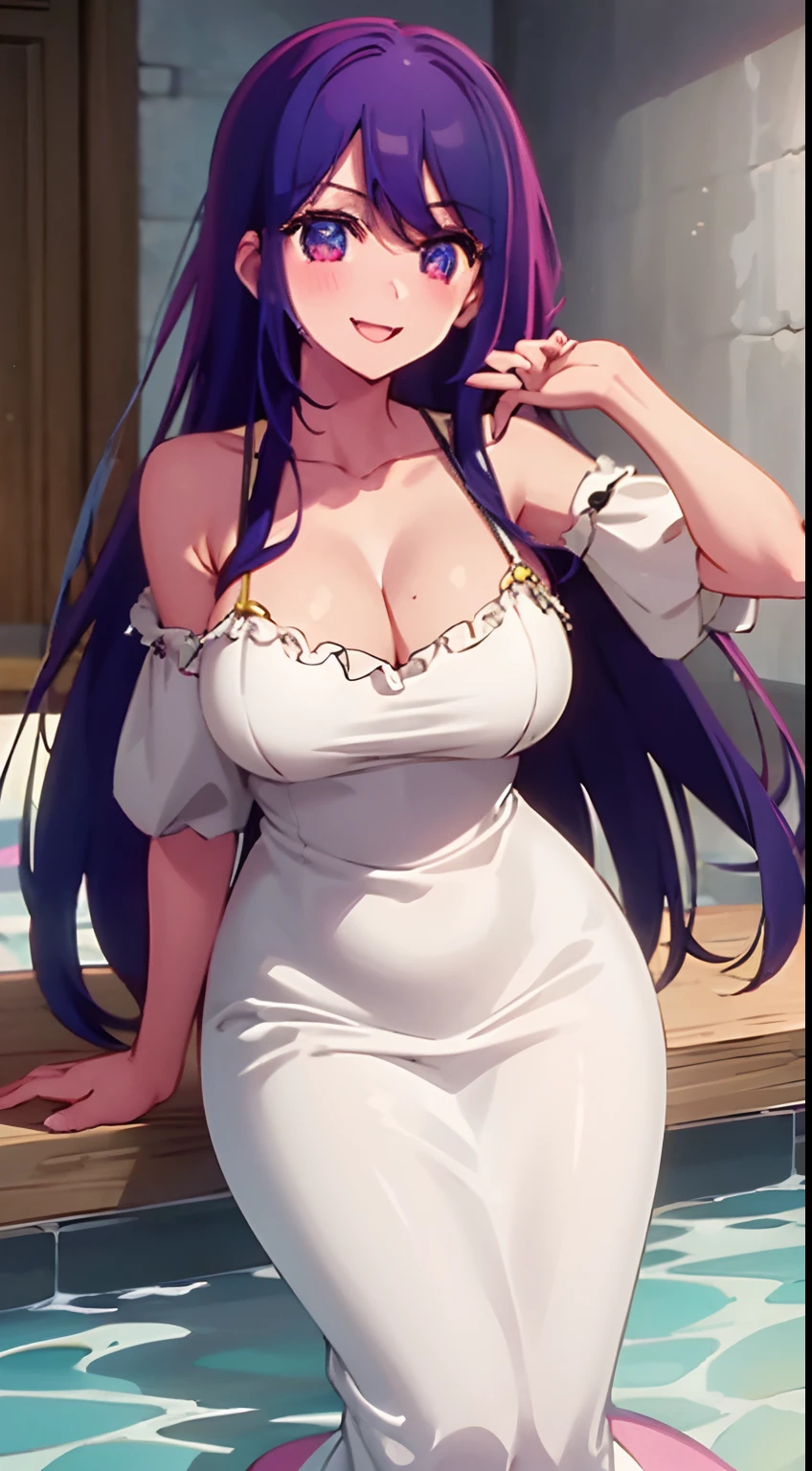 1 girl, long hair, very big breasts, sexy body, smiling and blushing, wearing a mermaid dress that shows cleavage and thighs