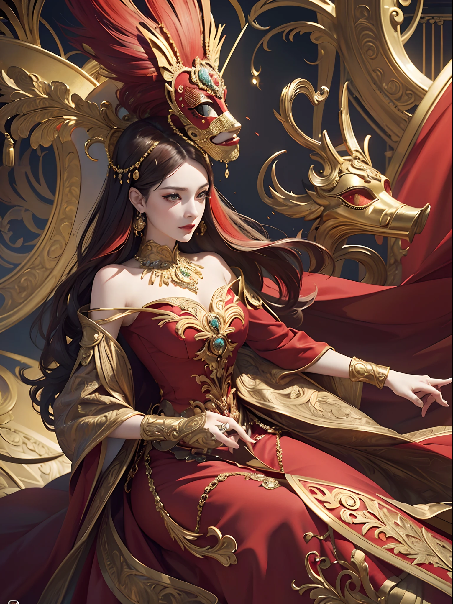 Red and gold tones、Vibrant colors、((masterpiece)))、(((top-quality)))、((ultra-detailliert))、(A hyper-realistic)、(highly detailed CGillustration)、Official art、Monte Carlo at the beginning of the 20th century、Decadent、Madame Papillon、Masquerade、Elegance、Masks that cover most of the face、Colorful and detailed mask design、matchless beauty、Fans、gorgeous dress、jewely、Perfect Angle、perfect-composition、Turn left、full body Esbian