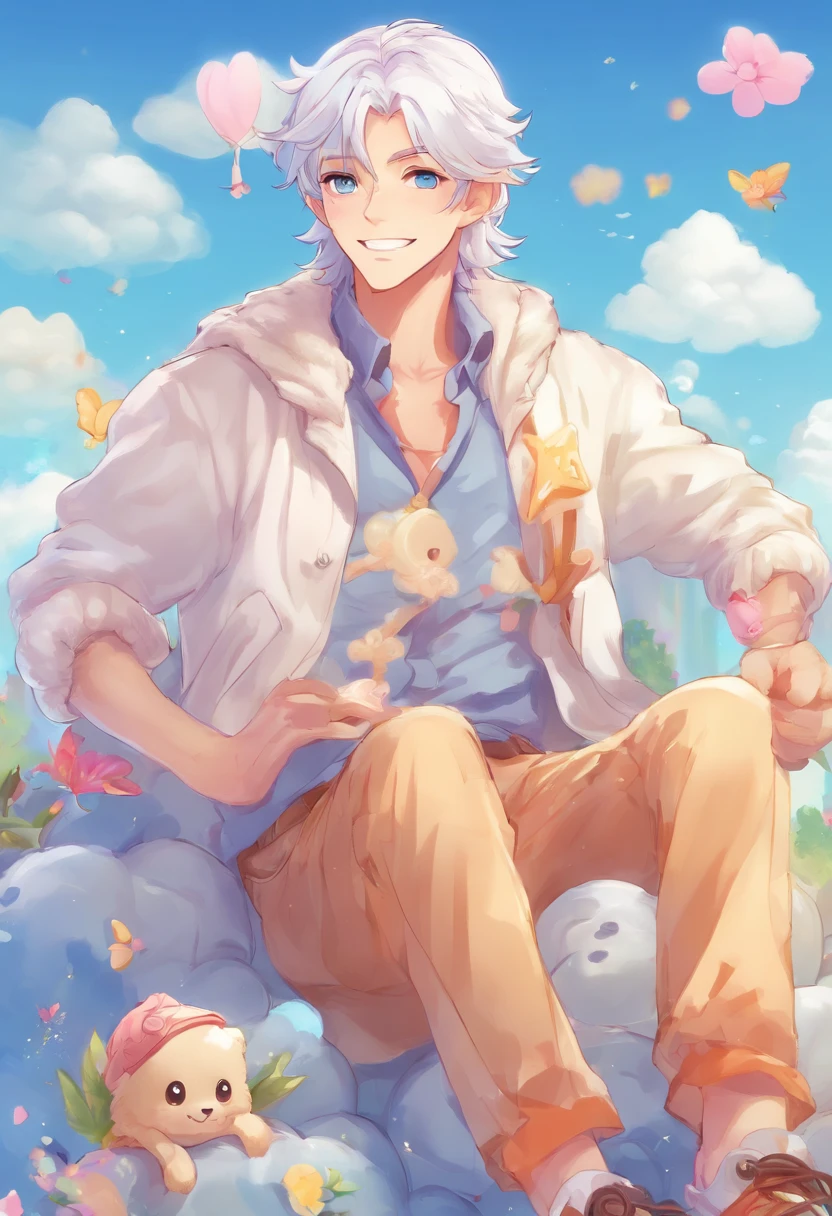 man, white hair, blue eyes, smiling, sitting on a cloud, 8k