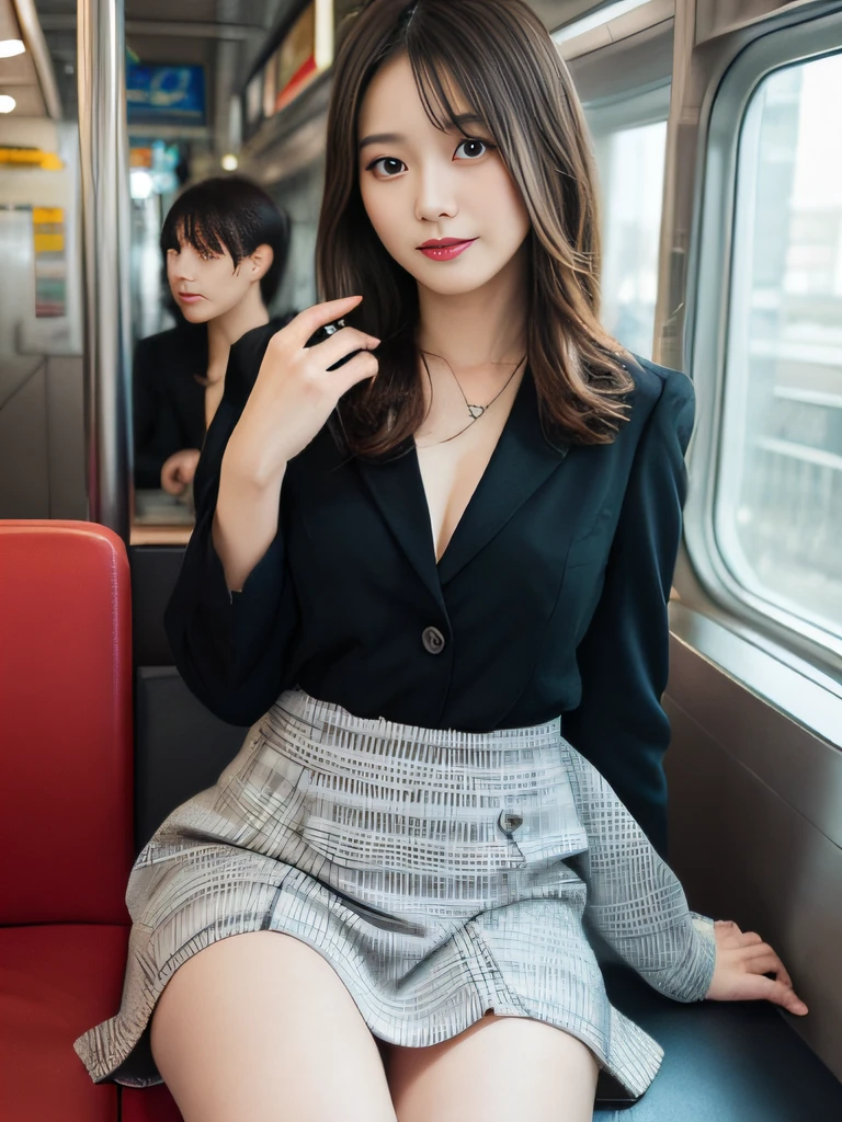 masutepiece, Best Quality, Illustration, Ultra-detailed, finely detail, hight resolution, in 8K, Perfect dynamic composition, Beautiful detailed eyes, Women's Suits、tight skirts、Panchira,lightly dressed、Medium Hair,Colossal tits,Natural Color Lip, Bold sexy poses,Smile,Harajuku、20 years girl、Cute、Sexy shot looking at camera、On the train、seating、sitted、seductiv、Spread your legs wide、spreading crotch、Show your crotch、itting open legs、spreading crotch、Show your crotch、Open legs、Hands behind your back
