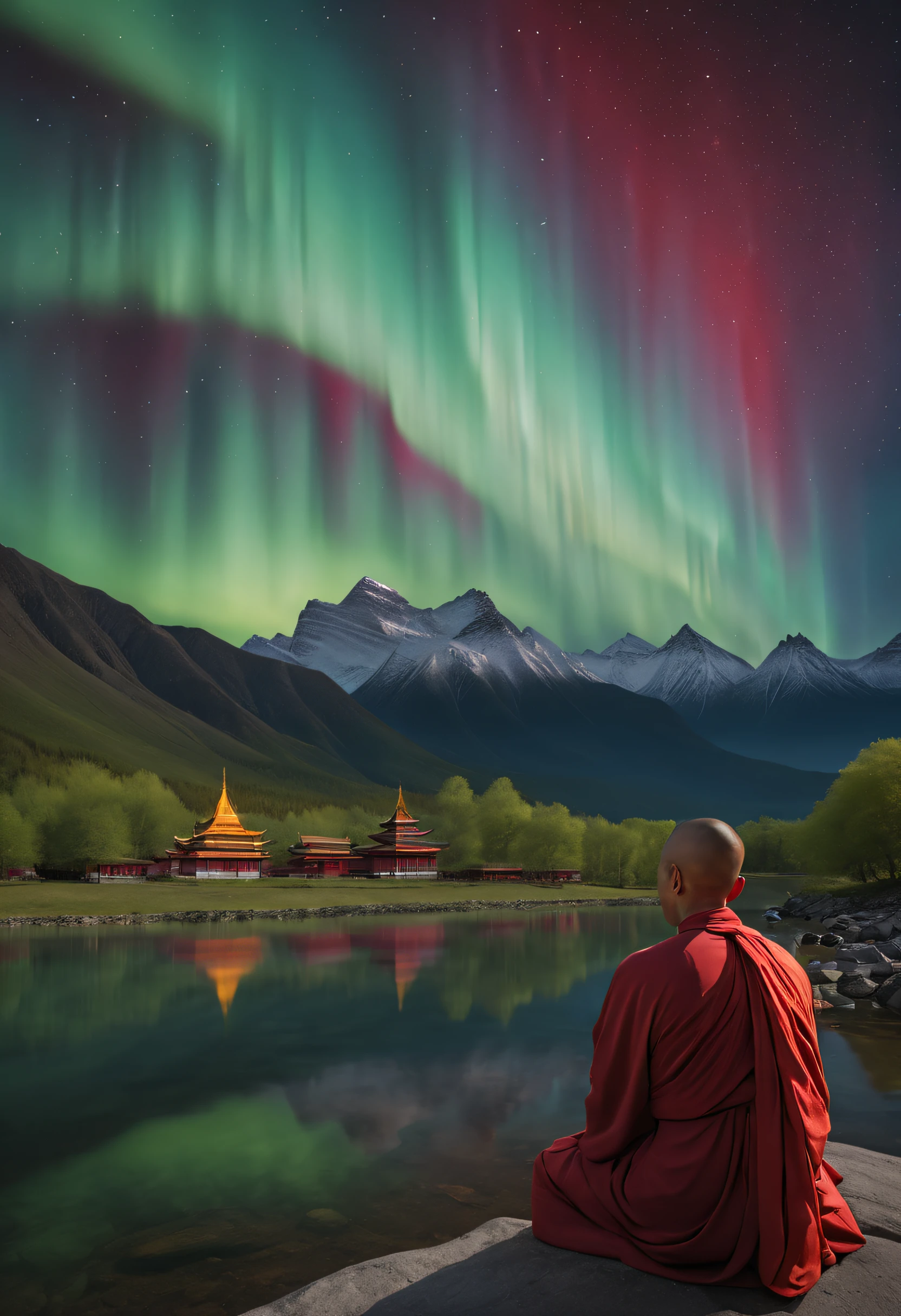 In a serene valley, an ancient temple is surrounded by a magnificent and colorful aurora. The light of the aurora penetrates the temple's glazed tiles, tinting the entire structure in red. In front of the temple, a babbling brook meanders, reflecting the colors of the aurora like a river of silver. Inside the temple, several monks chant silently, their figures illuminated by the lingering glow of the aurora, exuding solemnity and sanctity. The entire scene is filled with tranquility and dignity, evoking a sense of infinite cosmos and spiritual transcendence.

(medium:oil painting), (best quality,4k,8k,highres,masterpiece:1.2), (ultra-detailed), (realistic,photorealistic,photo-realistic:1.37), HDR, UHD, studio lighting, extreme detail description, professional, vivid colors, bokeh, portraits, landscape, aurora, temple, valley, brook, monks, serene, ancient, red-tinted, solemn, tranquil, silver river