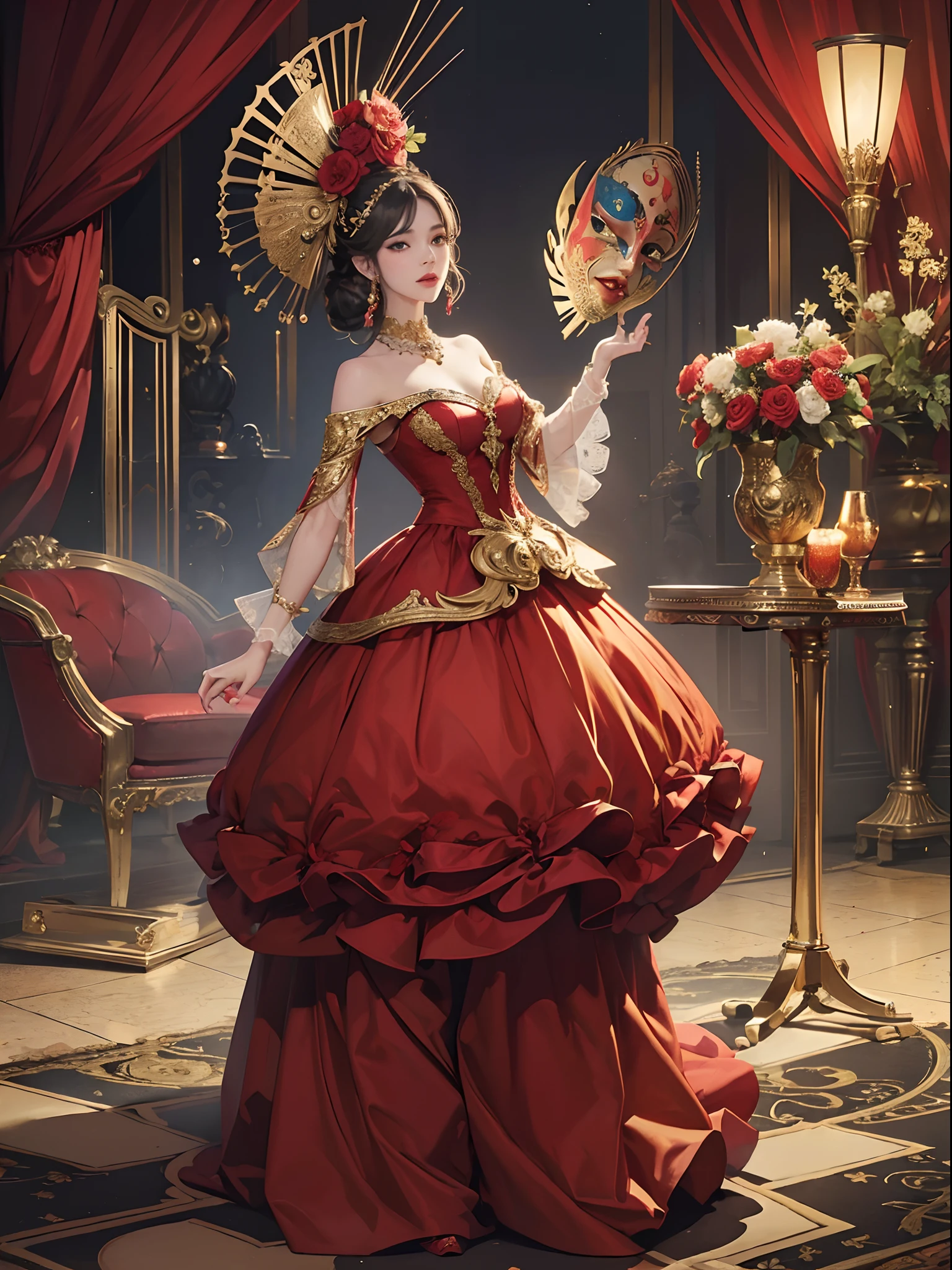 Red and gold tones、Vibrant colors、((​masterpiece)))、(((top-quality)))、((ultra-detailliert))、(A hyper-realistic)、(highly detailed CGillustration）、Official art、Madrid at the beginning of the 20th century、Decadent、Madame Papillon、Masquerade、Elegance、Masks that cover most of the face、Colorful and detailed mask design、matchless beauty、Fans、gorgeous dress、jewely、Perfect Angle、perfect-composition、Turn left、full body Esbian