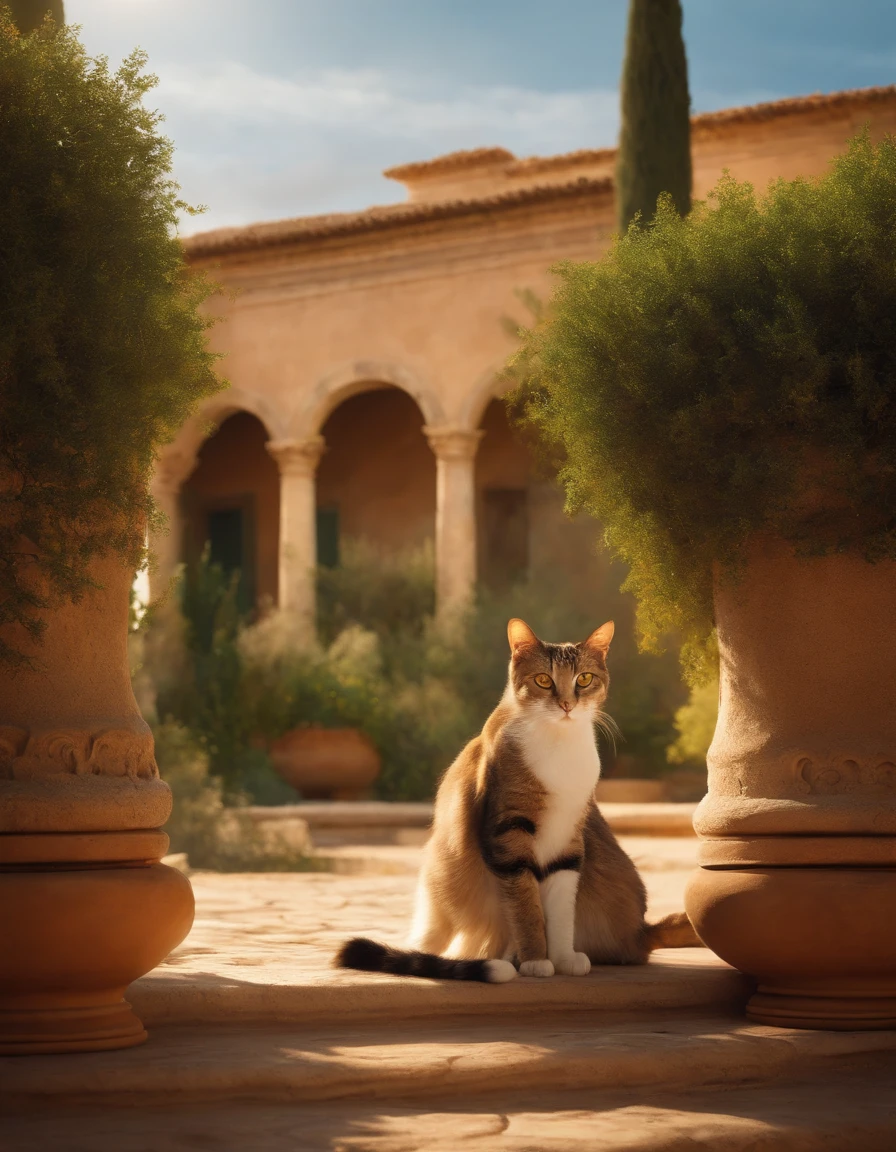 Scene opens with a picturesque ancient Roman villa, bathed in warm sunlight. We hear the distant sounds of Roman chatter and the gentle rustling of olive trees in the breeze. In the foreground, a regal cat with striking, emerald eyes lounges gracefully.