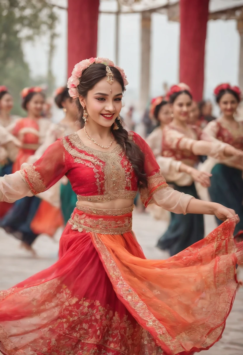 (Best quality,4K,8K,A high resolution,Masterpiece:1.2),Ultra-detailed,(Realistic,Photorealistic,photo-realistic:1.37),A dancing girl,Istanbul's,Dance the night away in the vibrant garden,Traditional dance moves,Colorful dress,Long flowing hair,joyful expressions,Rhythmic movement,Beautiful detailed eyes,beautiful detailed lips,Traditional gestures,Folk dance steps,Delicate footwork,Happy atmosphere,Energetic performance,Elegant and elegant movements,rich cultural heritage,captivating stage presence,Decorative jewelry,Traditional headwear,Smiling audience,Traditional music plays in the background,Uplifting and lively atmosphere,Colorful flower arrangement,Elegant body posture,Fast-paced dance routines,Vivid colors,Traditional folk dance costumes,delicate embroidery,Exquisite beadwork,Whirlwind skirt and fluttery sleeves,fluid body movements,expressive facial expressions,The traditional dance bells jingle together,Charming and captivating show,Energetic and energetic dance routines,Traditional dance form: Young Istanbul girl dancing
