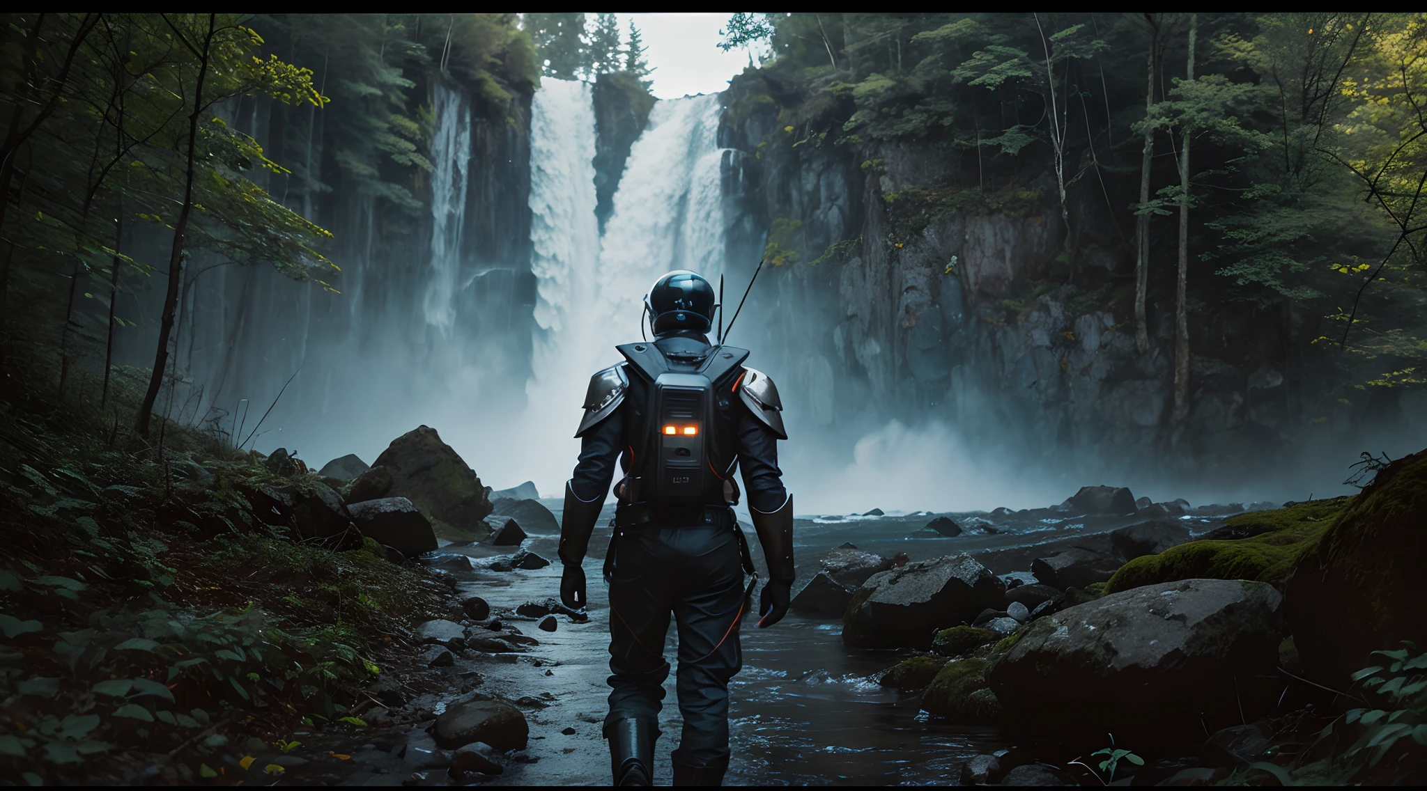 Cinematic close up of [Mecha machine] having a heated conversation with [ Malay Man with futuristic black exploration clothing + mid length dark beard]. Scene: dark forest with waterfall on background. asymmetric, muted colors, triadic colors, film grain. low angle, Low angle shot, Desaturated color grading, rear projection, Tungsten light, Dynamic shadows,