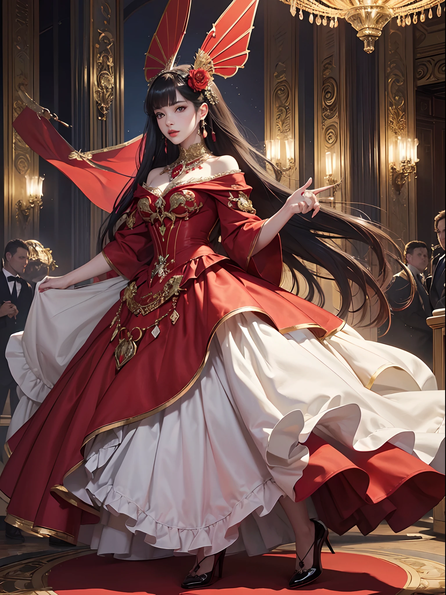 Red tone、Vibrant colors、((masterpiece)))、(((top-quality)))、((ultra-detailliert))、(A hyper-realistic)、(highly detailed CGillustration)、Official art、Monte Carlo at the beginning of the 20th century、Decadent、Madame Papillon、Masquerade、Elegance、Masks that cover most of the face、Colorful and detailed mask design、matchless beauty、Fans、gorgeous dress、jewely、Perfect Angle、perfect-composition、Turn left、full body Esbian