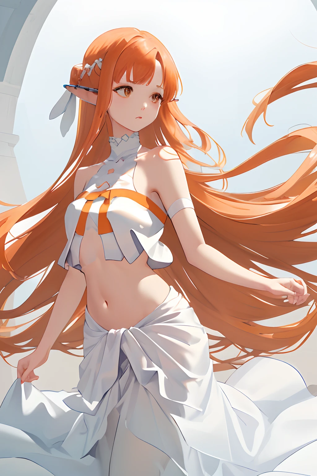 masterpiece, best quality, white dress, crop top, white fabric armlet, detached sleeves, (bare arms:1.1), navel, midriff, bare shoulders, red ribbon, pointy ears, ear cover, orange hair, brown eyes,