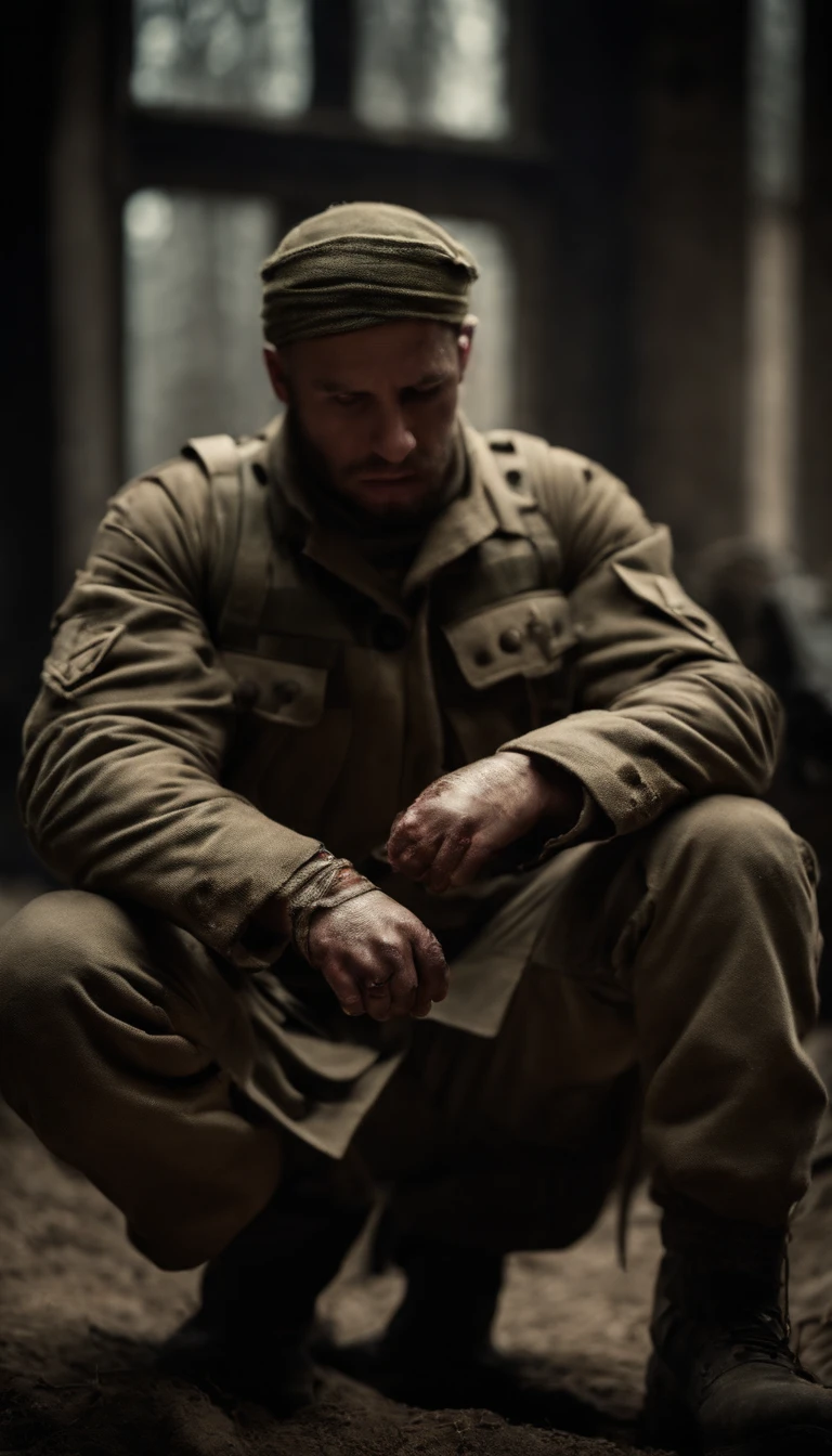 A wounded soldier is bandaged