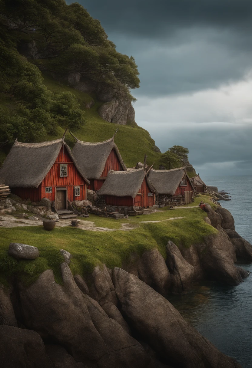 8k, best quality, master part, Ultra high resolution, (realismo: 1.4), foto original), (Picture a rustic, bustling Viking village nestled along the rugged coastline, with longships in the harbor and thatched-roof huts.) complex details