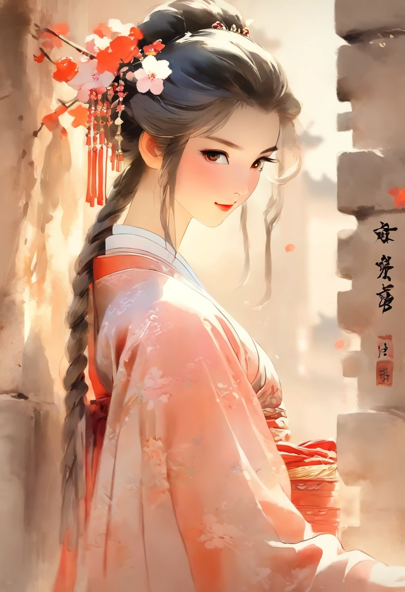 China-style，ink wash style，Pale，aquarelle，Hanfu，Lamei，Ancient walls，Beautiful Chinese girl in hanfu