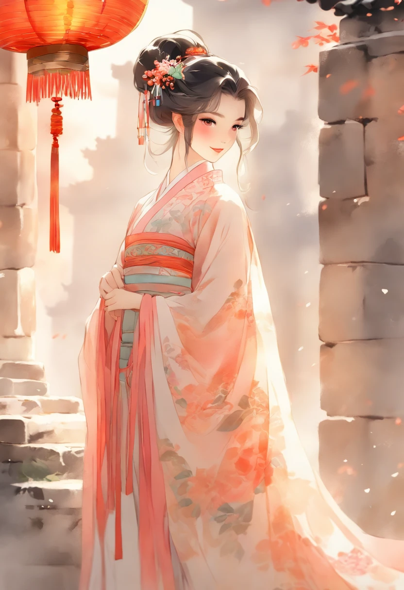 China-style,ink wash style,Pale,aquarelle,Hanfu,Lamei,Ancient walls,Beautiful Chinese girl in hanfu