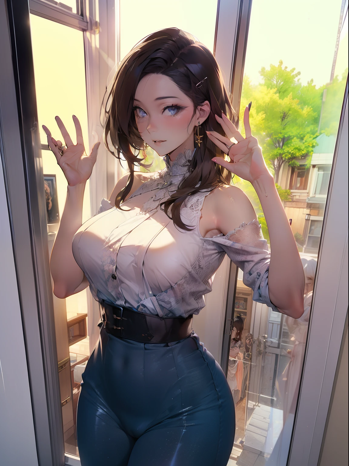 (masutepiece), High Precision Hongfu Girls, beautiful countenance, Perfect face, Long Blonde Hair, Blue eyes, Very charming、Changing clothes、Woman changing clothes on the windowsill opposite、((POV)), Peek、Eyes meet、Waving Woman、Window in the apartment next door、Peek、private life、((A MILF,Beautiful Mom, sexy wife、Ero Woman))、Window above the veranda、Conversation through the window