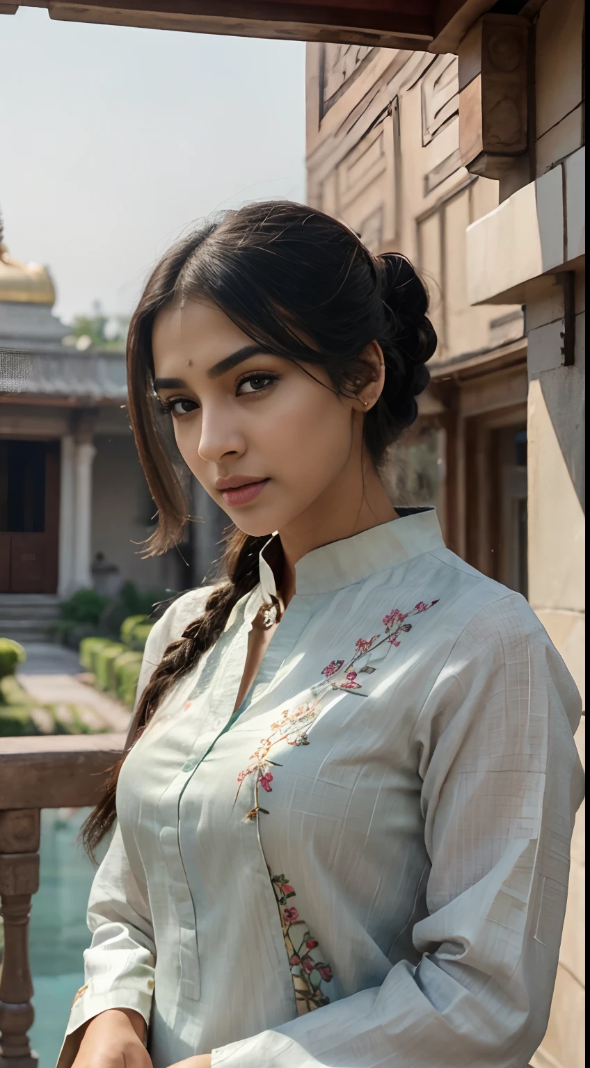 ultra-realistic photographs,Indian Instagram female model,mid 20s,9:16,mid-shot,beautiful detailed eyes,detailed lips,longeyelashes,black bun hair, naturally full eyebrows,perfectly formed nose,expressive face,attractive appearance,confident and elegant posture,graceful movement,vibrant and colorful kurta dress, floral patterns, temple background, serene atmosphere,stunning architecture,soft and natural lighting,vivid colors,photorealistic,HDR,highres,studio lighting,ultra-detailed,bokeh,fully covered clothes