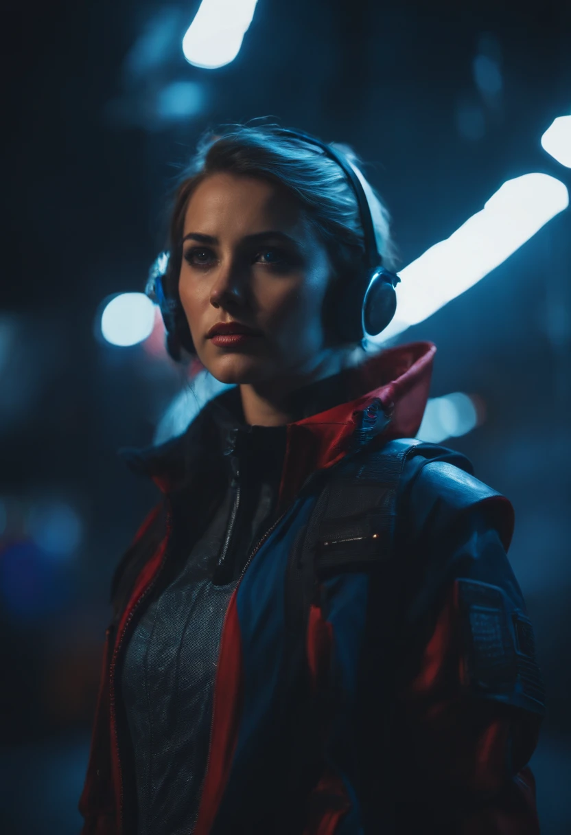 A girl stands in a cyberpunk scene of red and blue，Dressed in cyberpunk costumes，8k，A high resolution，Realistic props and scenes，Portrait Photogram
