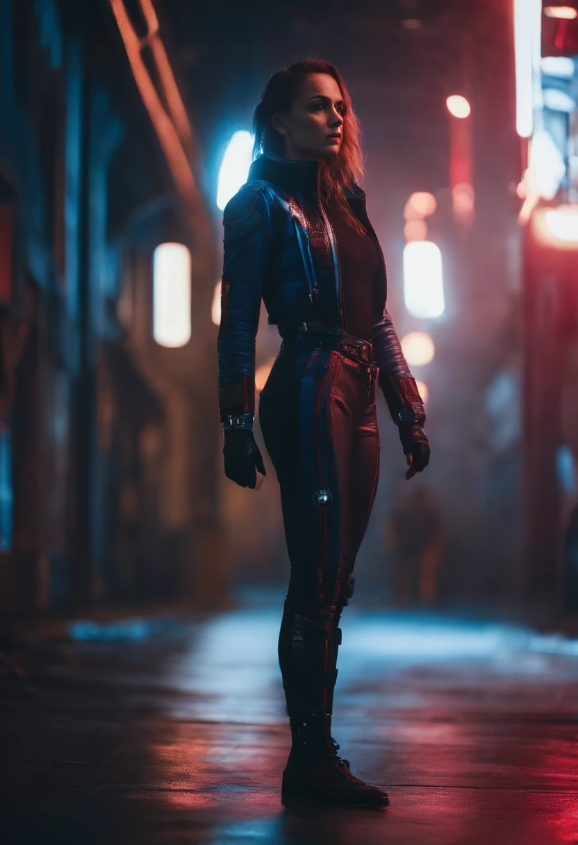 A girl stands in a cyberpunk scene of red and blue，Dressed in cyberpunk costumes，8k，A high resolution，Realistic props and scenes，Portrait Photogram