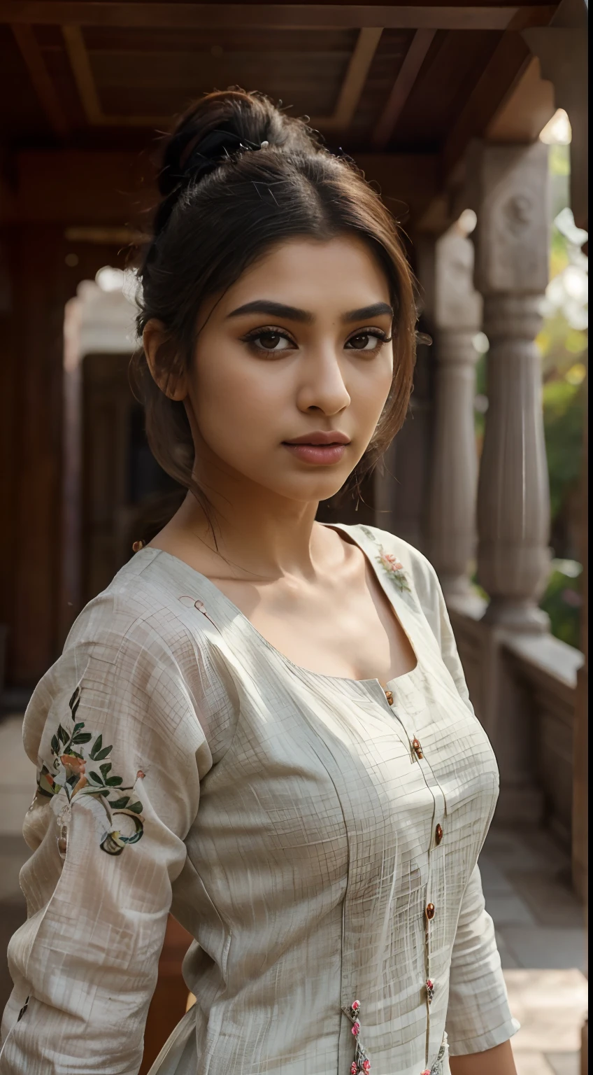 ultra-realistic photographs,Indian Instagram female model,mid 20s,9:16,mid-shot,beautiful detailed eyes,detailed lips,longeyelashes,black bun hair, naturally full eyebrows,perfectly formed nose,expressive face,attractive appearance,confident and elegant posture,graceful movement,vibrant and colorful kurta dress, floral patterns, temple background, serene atmosphere,stunning architecture,soft and natural lighting,vivid colors,photorealistic,HDR,highres,studio lighting,ultra-detailed,bokeh,fully covered clothes