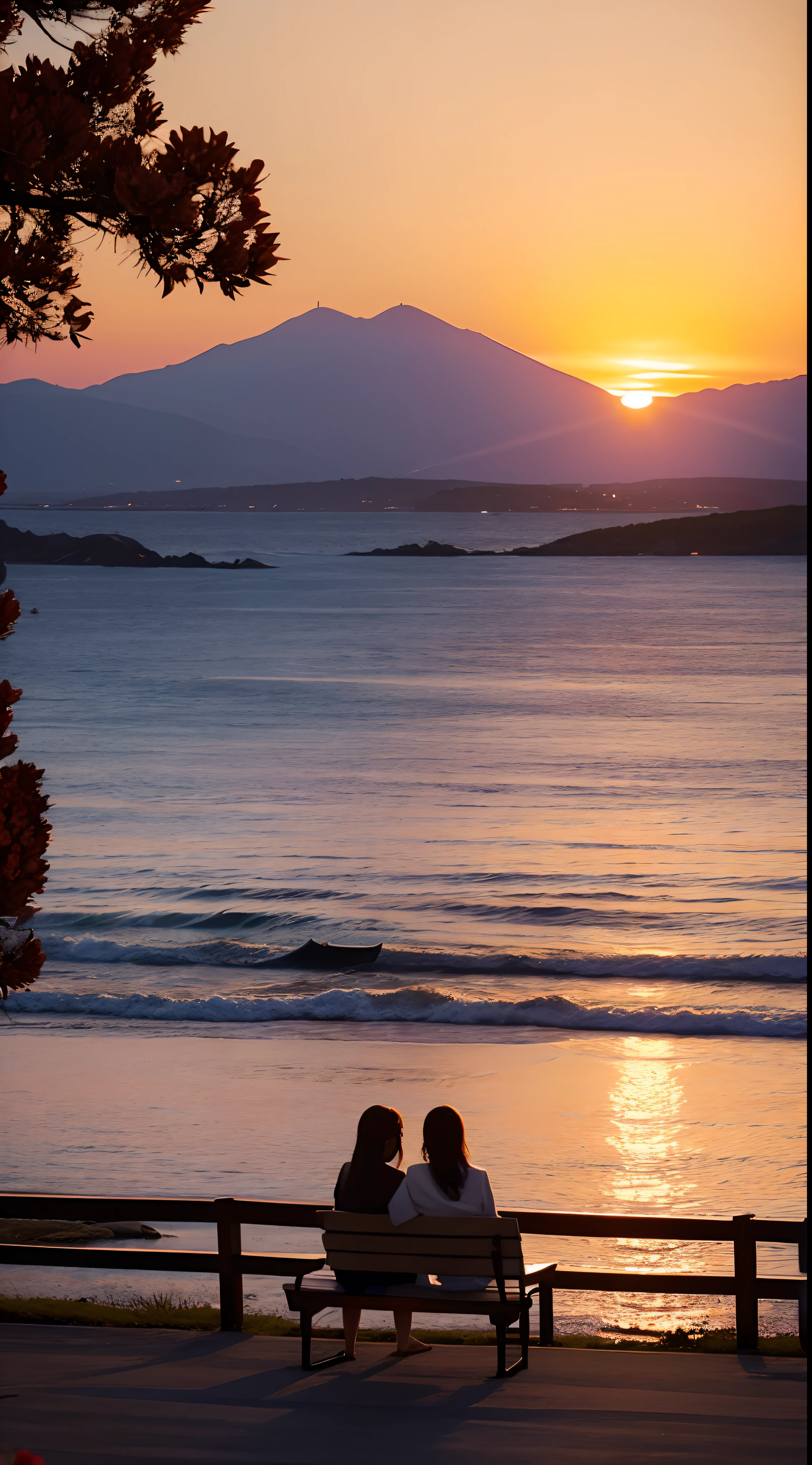 Sunset over the ocean，Benches and flowers in the foreground, warm beautiful scene, sunset warm spring, floral sunset, Beautiful sunset, stunning nature in background, beautiful sunrise, gorgeous romantic sunset, The most beautiful sunset, very beautiful scenery, Beautiful nature, Really beautiful nature, amazing sunset, Beautiful scenery, beautiful sunset glow, sunrise background, lindo cenario, Magnificent background，1 beautiful woman's back