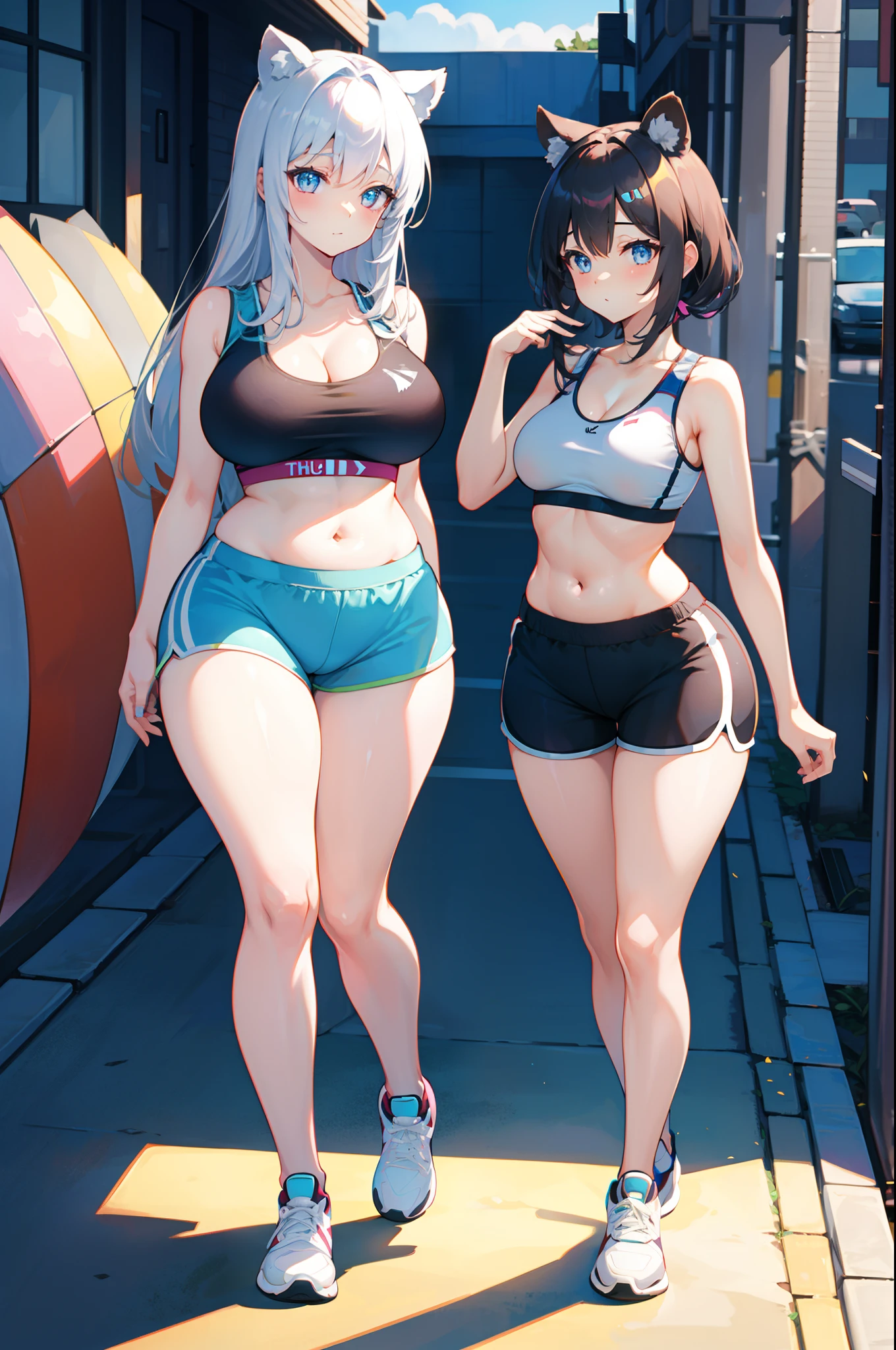 best quality, full body, full art, sexy, small round boobs, thicc thighs, raccoon ears, Deep vee, sport shorts, sport bra, perfect proportions,