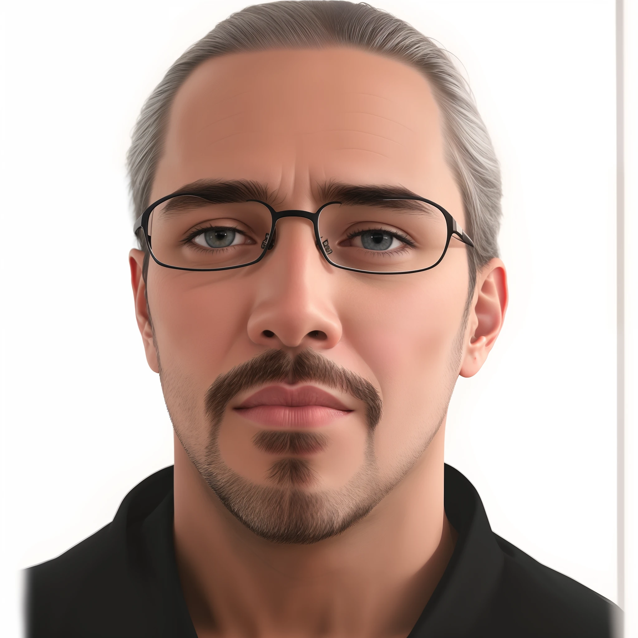 There's a man without glasses and a black shirt looking at the camera, AI Autorretrato, rosto realisticamente renderizado, Man without glasses, without glasses and goatee, rendering of close up portrait, autorretrato realista, Dirk Dzimirsky, foto de um homem branco de 50 anos, rosto restaurado realista, inspired by Joaquín Torres García