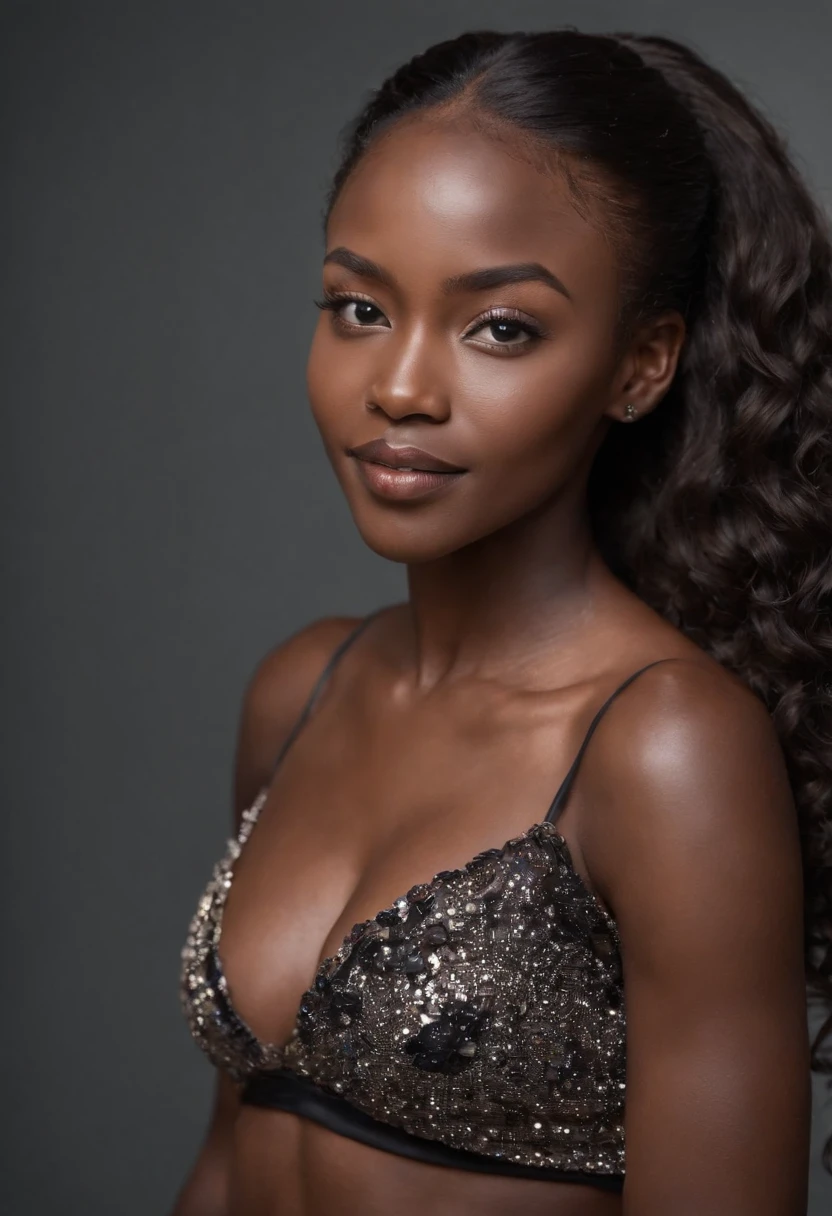 Dark African skin, Very deep ebony skin, Excited cute face, corps entier, Seductive, Female, African long curly African ponytail, photoreallistic, High detail, Hdr, 4K, Dazzling lights