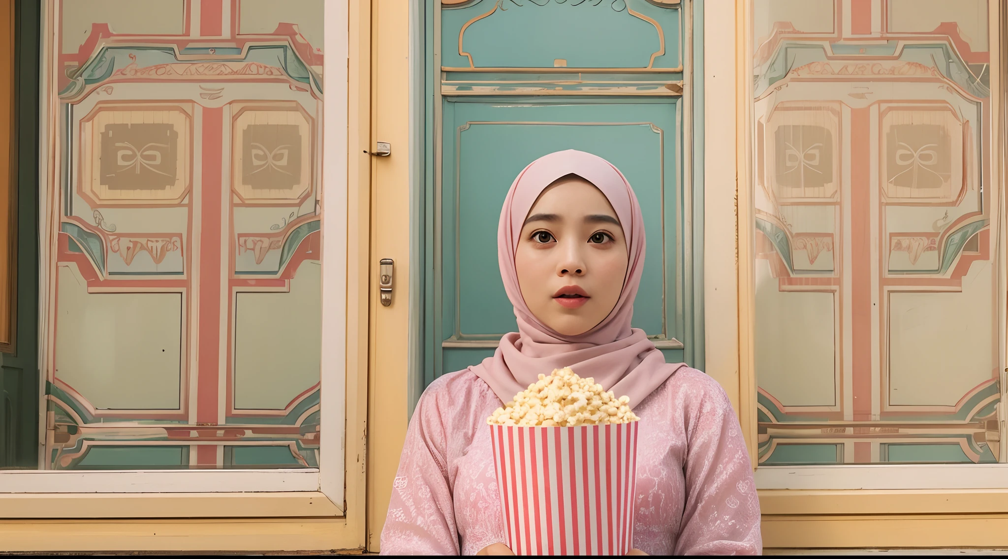 Quirky scene | Symmetrical framing | Nostalgia | Vintage cinema | 1 Malay girl in hijab and 1 malay man as a couple eating popcorn and surprised with mouth opened | Cinema front view | Pastel colors | in the style of Grand Budapest Hotel directed by Wes Anderson , 35mm lense, Front Shot, Deep Focus cinematography effect, Natural Lighting, warm-toned color grading, high quality, ultra detail, 8k resolution,