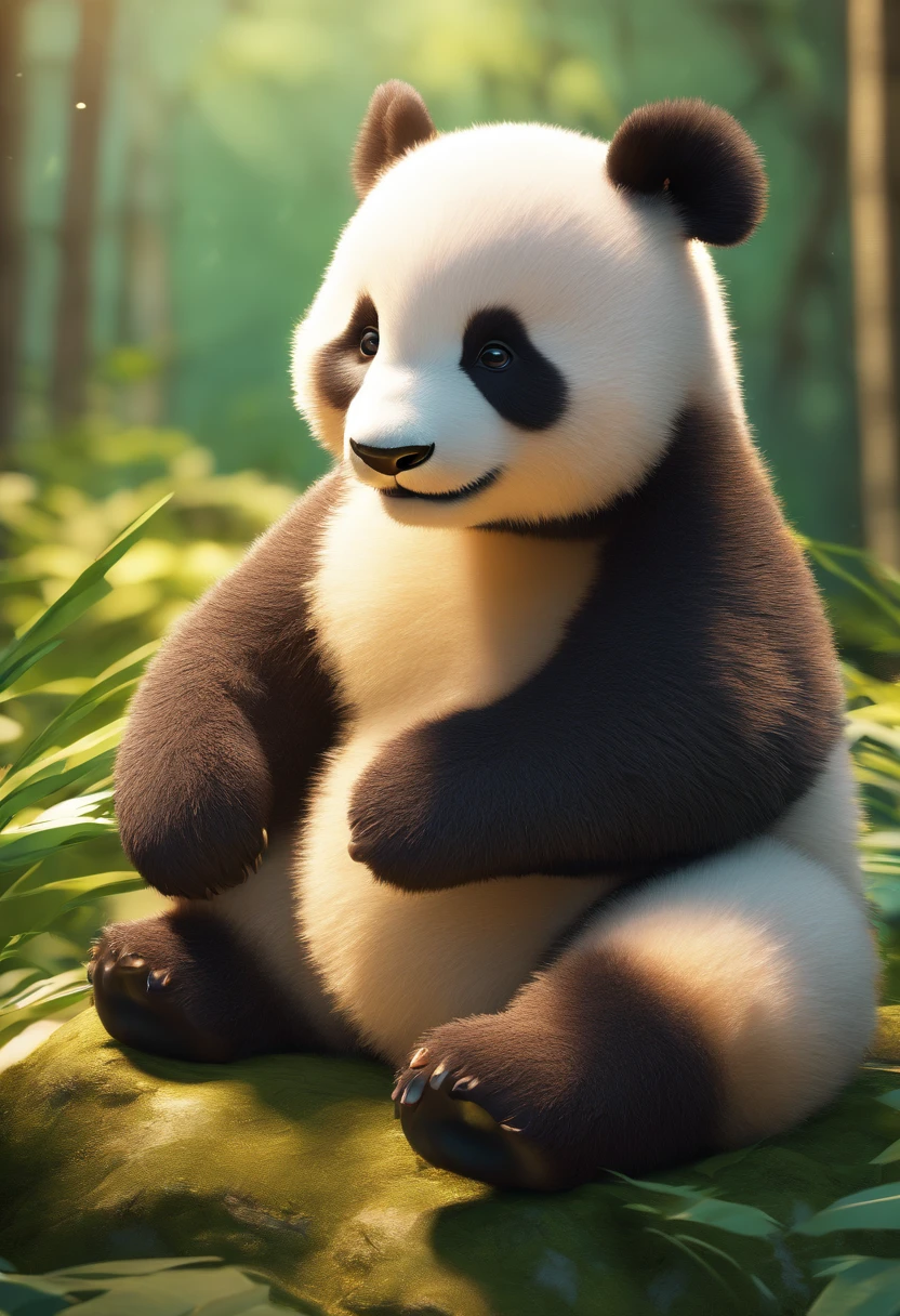 4KTwo adorable fluffy panda cubs realistically rolled up in a clearing between a sunny bamboo forest, Warm light shines through the leaves. Detailed fur texture, Quiet and natural mood, Gentle lighting. ●AR4:5 - sec 400 - rainbow 5