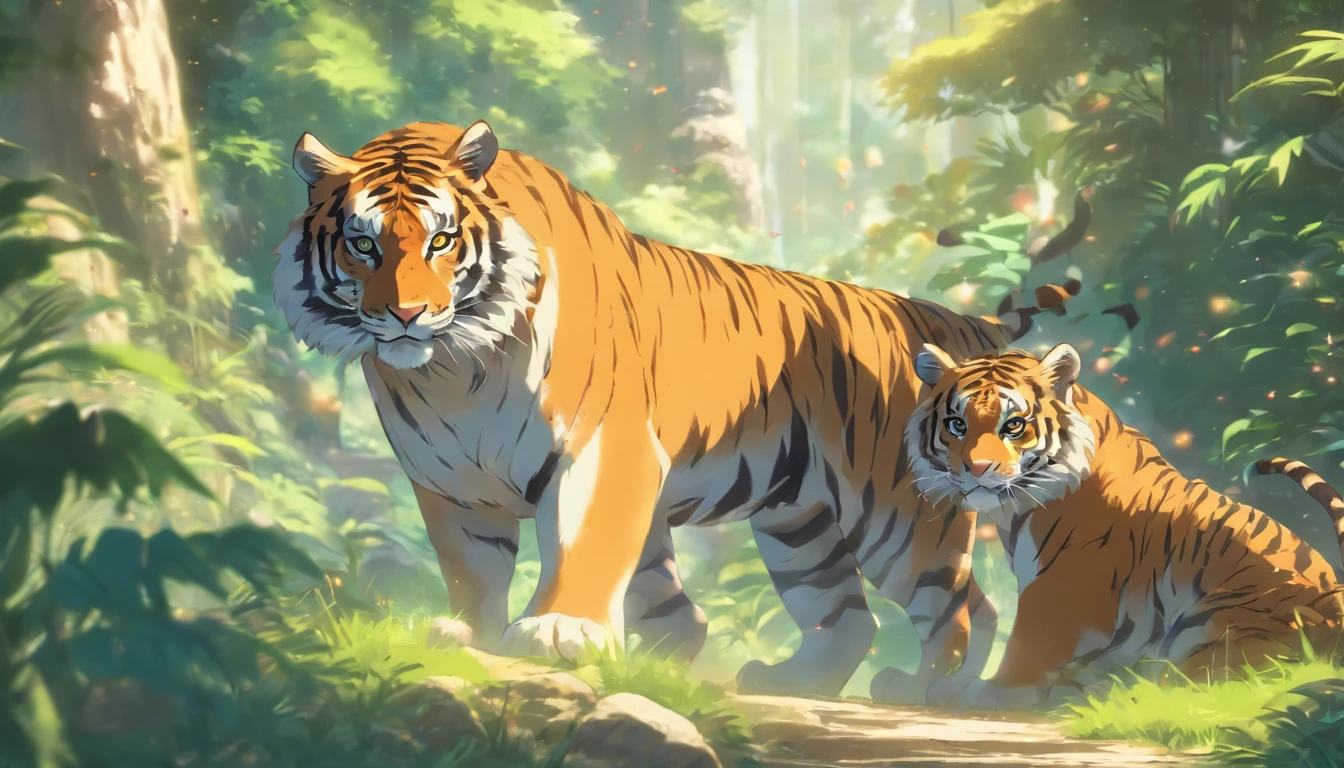 A family of tigers in a dense forest, luscious vegetation, majestic presence, fierce and powerful stance, intense eye contact, sleek and striped fur, detailed patterns, captivating grace, profound connection, mother tiger nursing her cubs, playful interactions, agile movements, ambient lighting, subtle shadows, vibrant colors, realistic rendering, ultra-detailed depiction, masterful brushstrokes, photorealistic style, rich textures, breathtaking scenery, vivid greenery, dappled sunlight, ethereal atmosphere, immersive experience, high-res image, HDR quality, professional illustration.