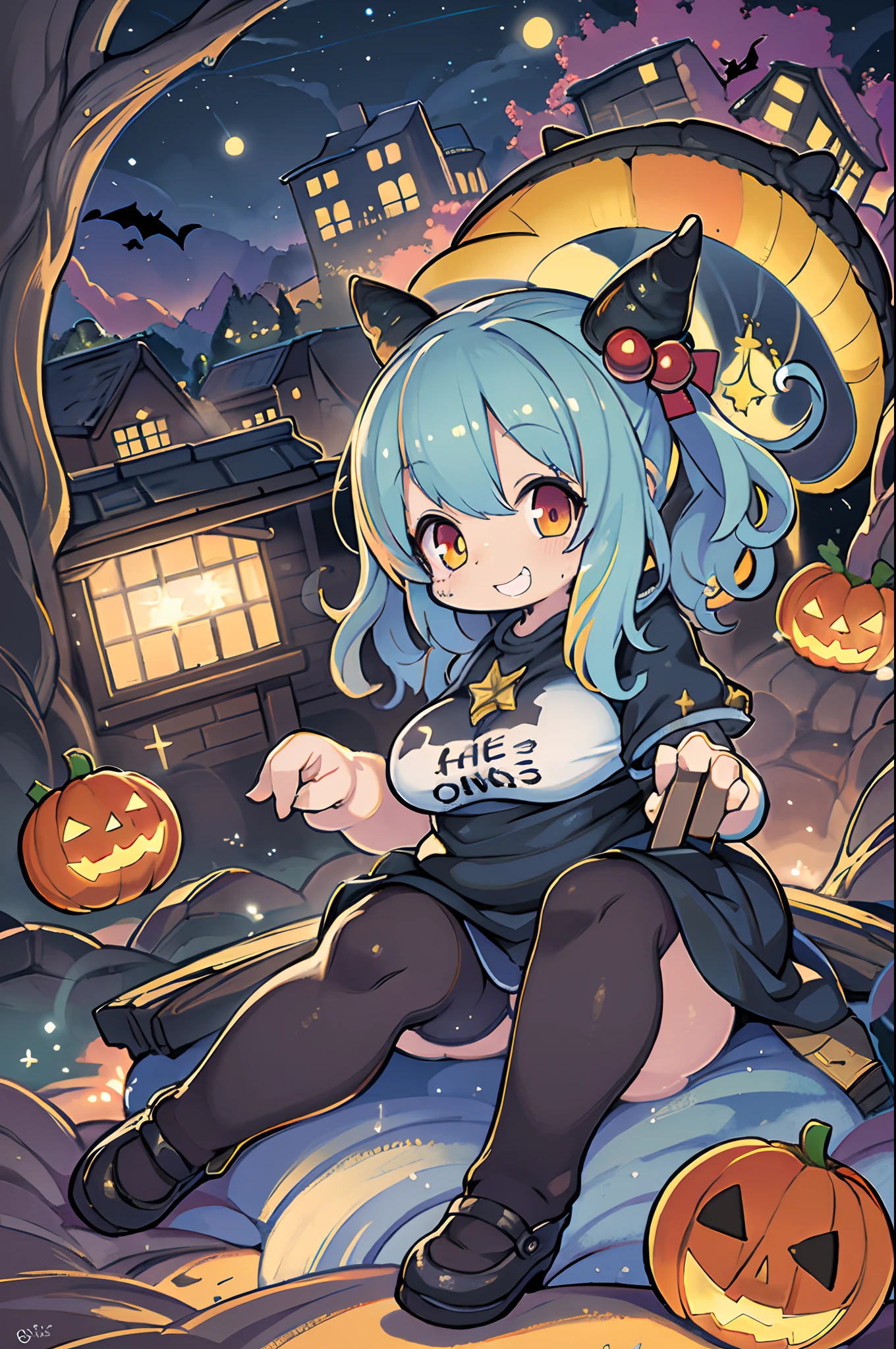 masutepiece, Best Quality, Charming Halloween 8 year old witch, Random coloring,2D, planar vector, T-shirt design, Colorful splashes, Fantasy Art, Watercolor effect,Digital Painting, white bg, 8K、Nighttime cityscape