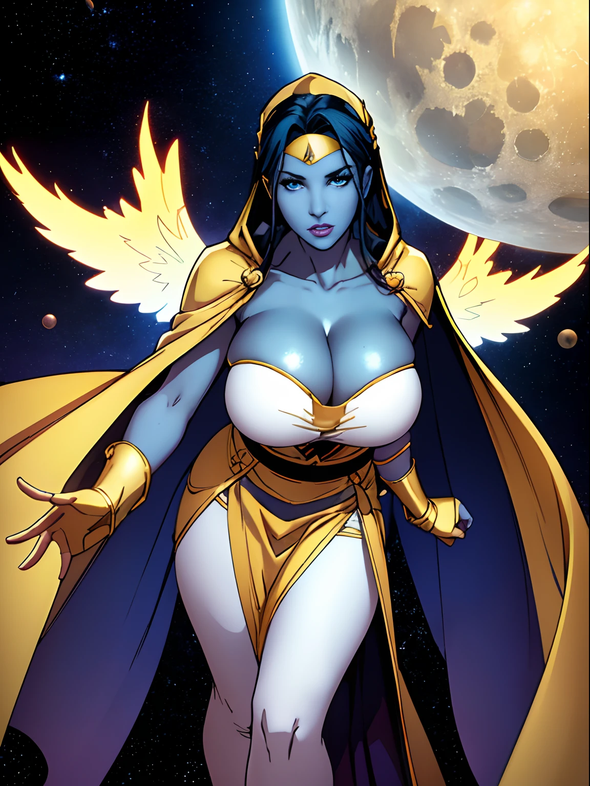 (masterpiece, top quality, best quality, official art, beautiful and aesthetic:1.2), (1girl:1.3), dark blue hair in braid, extremely detailed, portrait, looking at viewer, solo, (full body:0.6), detailed background, close up, (cool science fiction space theme:1.1), ((((blue skin)))), extremely busty sorceress, charlatan, mysterious, casting spells in space, four arms, revealing white and gold robes, crossed straps, criss cross straps, high neck, sleeveless, hood, veil, fingerless gloves, long gloves, glowing magical energy, blindfold, elaborate headdress, golden ceremonial winged headband, sheer white fabric, elegant robes, skirts, streamers, cowl, cape, sandals, bracers, ((((gigantic breasts, skindentation)))), slim waist, slim hips, long legs, athletic, SPACE, futuristic moon, (space exterior:1.1) background, dark mysterious lighting, shadows, magical atmosphere, dutch angle
