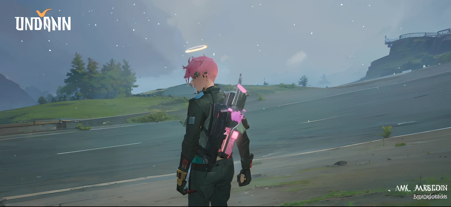 arafin is standing on a road with a sword in his hand, mechanic punk outfit, with pink hair, holding ego weapons, in game, discarded mechsuit in background, male with halo, holding a mp7, pink iconic character, holding pdw, subtle glitches, holding a weapon, distant full body view, with rifle