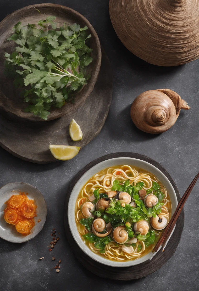 Delicious snail noodles,cinematic ligh,professional photoshooting,studio lit,studio context,advertisement photography,Complicated details,hyper-detailing,Ultra photo realsisim,8K UHD