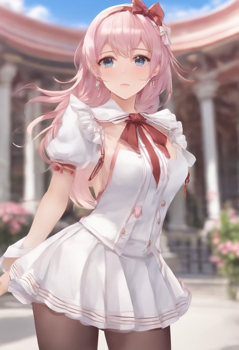 Masterpiece, Best quality, A high resolution, 1girll, kizuna, Long hair, Brown hair, multicolored hair, Short shorts, Floating hair, pink hairband, White shorts, Detached sleeves, navel, Sailor collar, Striped hair, Pink hair, Blue eyes, white thighhighs, Medium breasts, lace-trimmed sleeves, Sleeveless shirt, streaked, White sailor collar, neck bowtie, Hair Bow, sweeping bangs, White shirt, lace-trimmed legwear, scowling, pointing at viewer, Leaning forward, hand on hips,