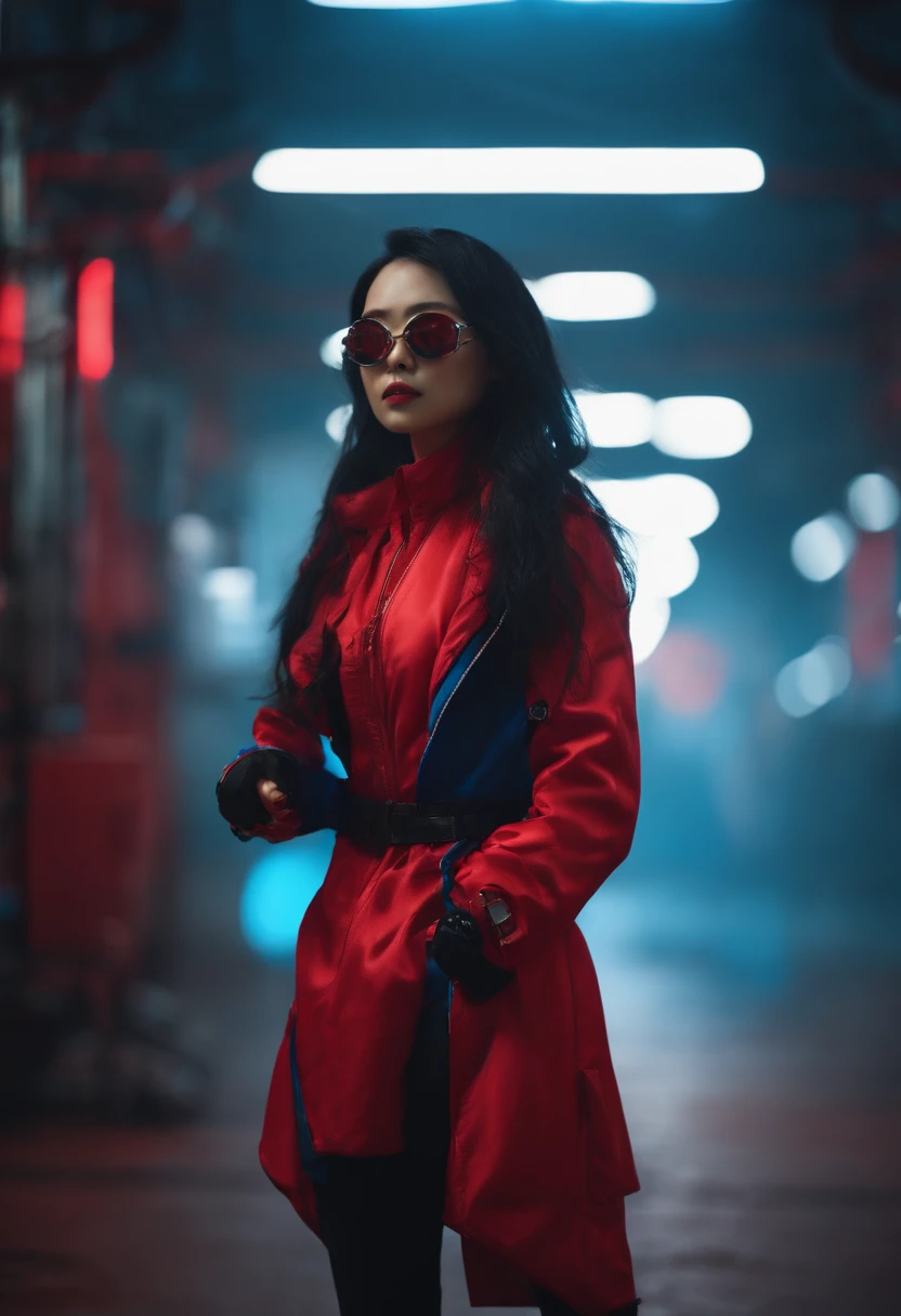 A Chinese girl stands in a red and blue cyberpunk scene，Dressed in cyberpunk costumes，8k，A high resolution，Realistic props and scenes，Portrait Photogram，Cyberpunk glasses，High-end scene effects