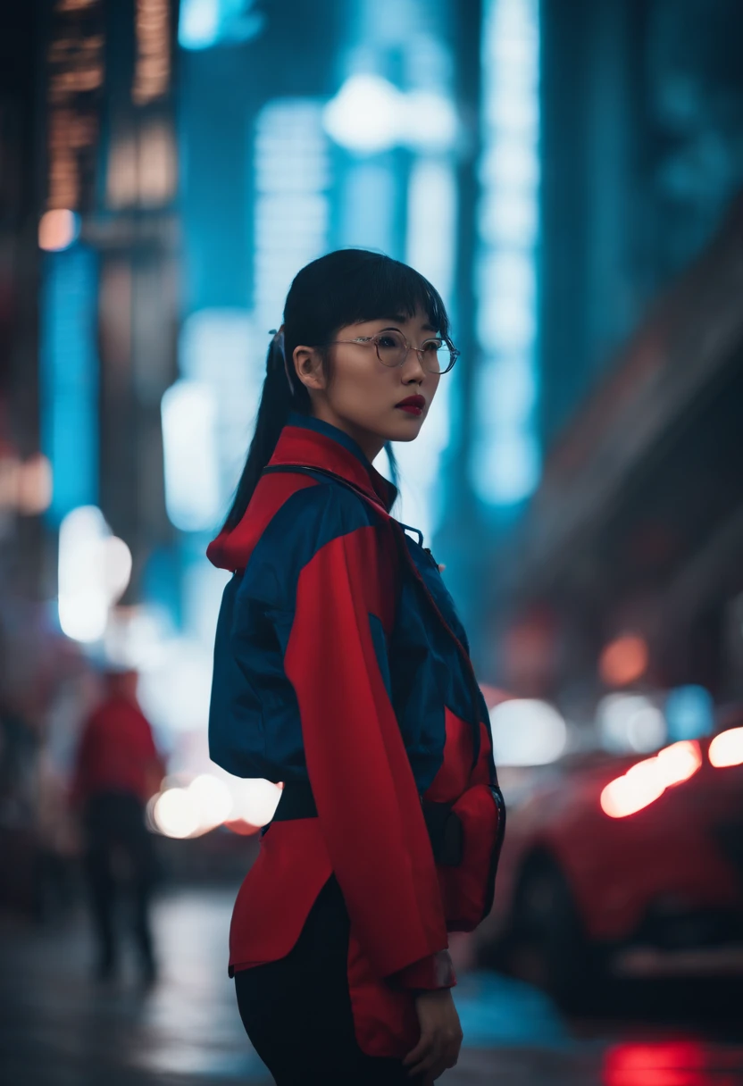 A Chinese girl stands in a red and blue cyberpunk scene,Dressed in cyberpunk costumes,8k,A high resolution,Realistic props and scenes,Portrait Photogram,Cyberpunk glasses,High-end scene effects