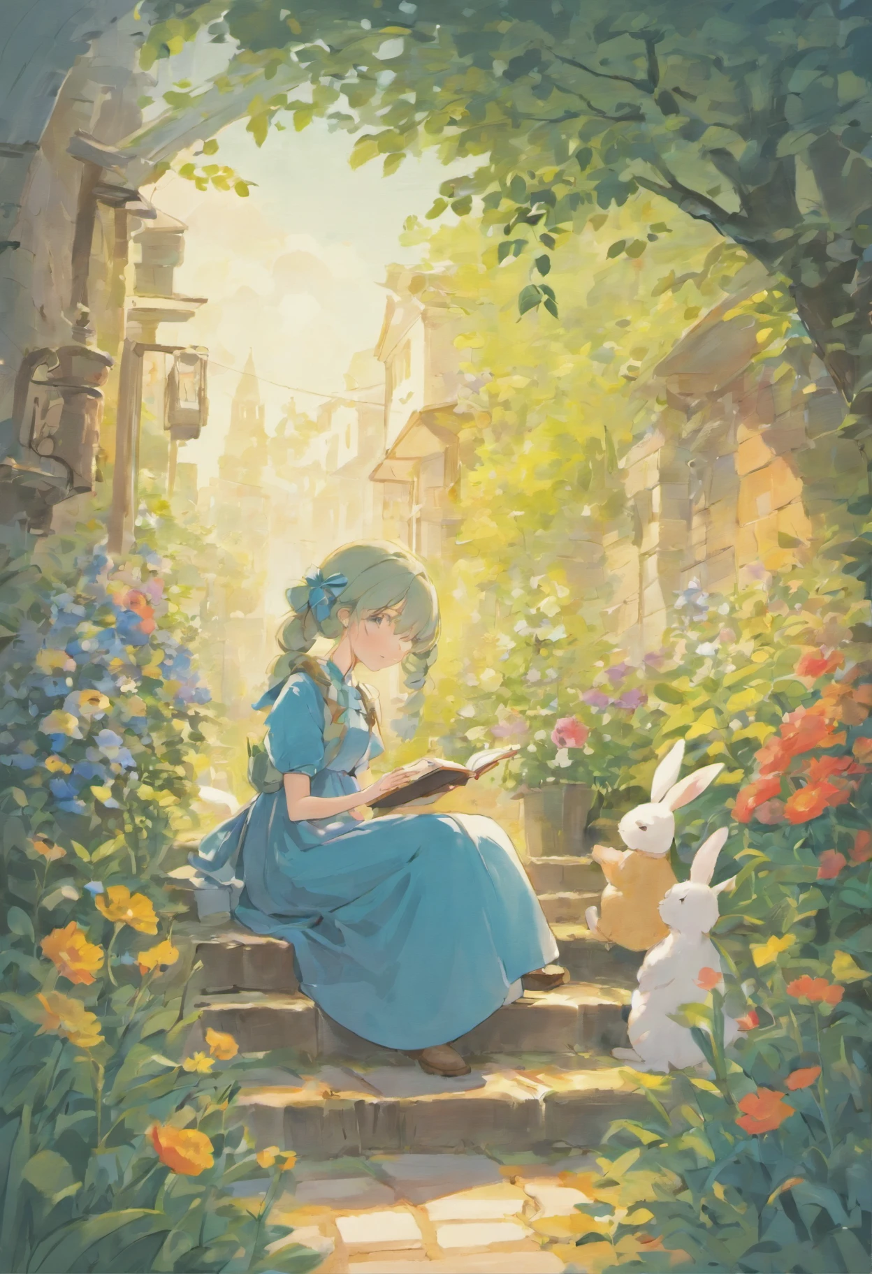 Illustration of a picture book in the style of Beatrix Potter, Girl reading a book in a garden with flowers,There are baby rabbits on the side, The illustrations are charming and delicate, Soft colors,in detail