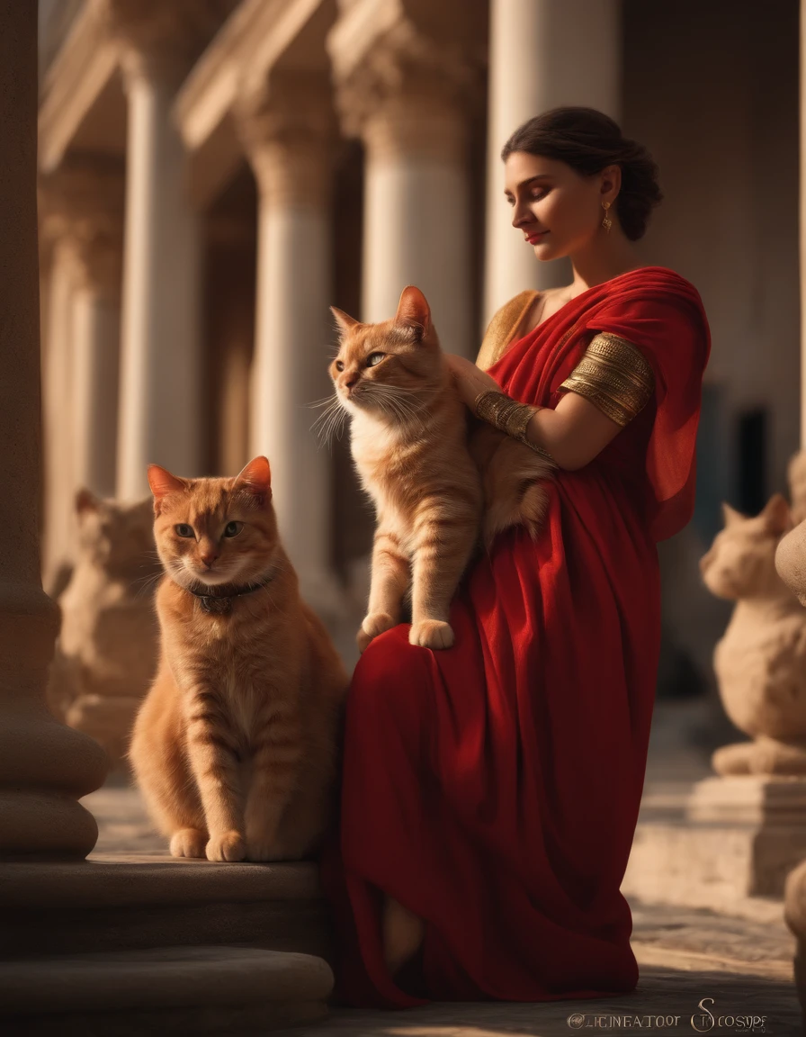 Roman people loving cat , obeying cat , realistic , ultra high quality , happy