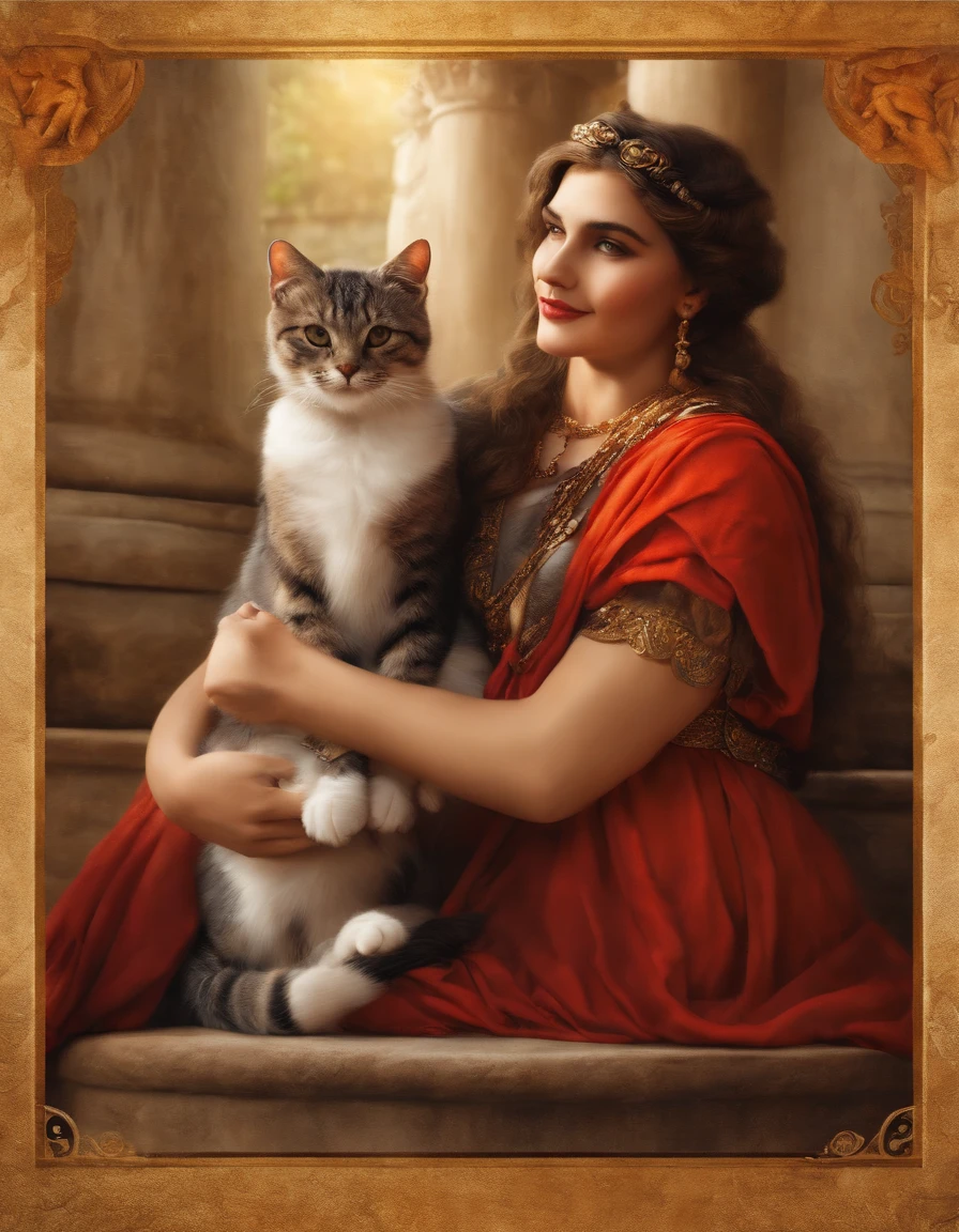 Roman people loving cat , obeying cat , realistic , ultra high quality , happy