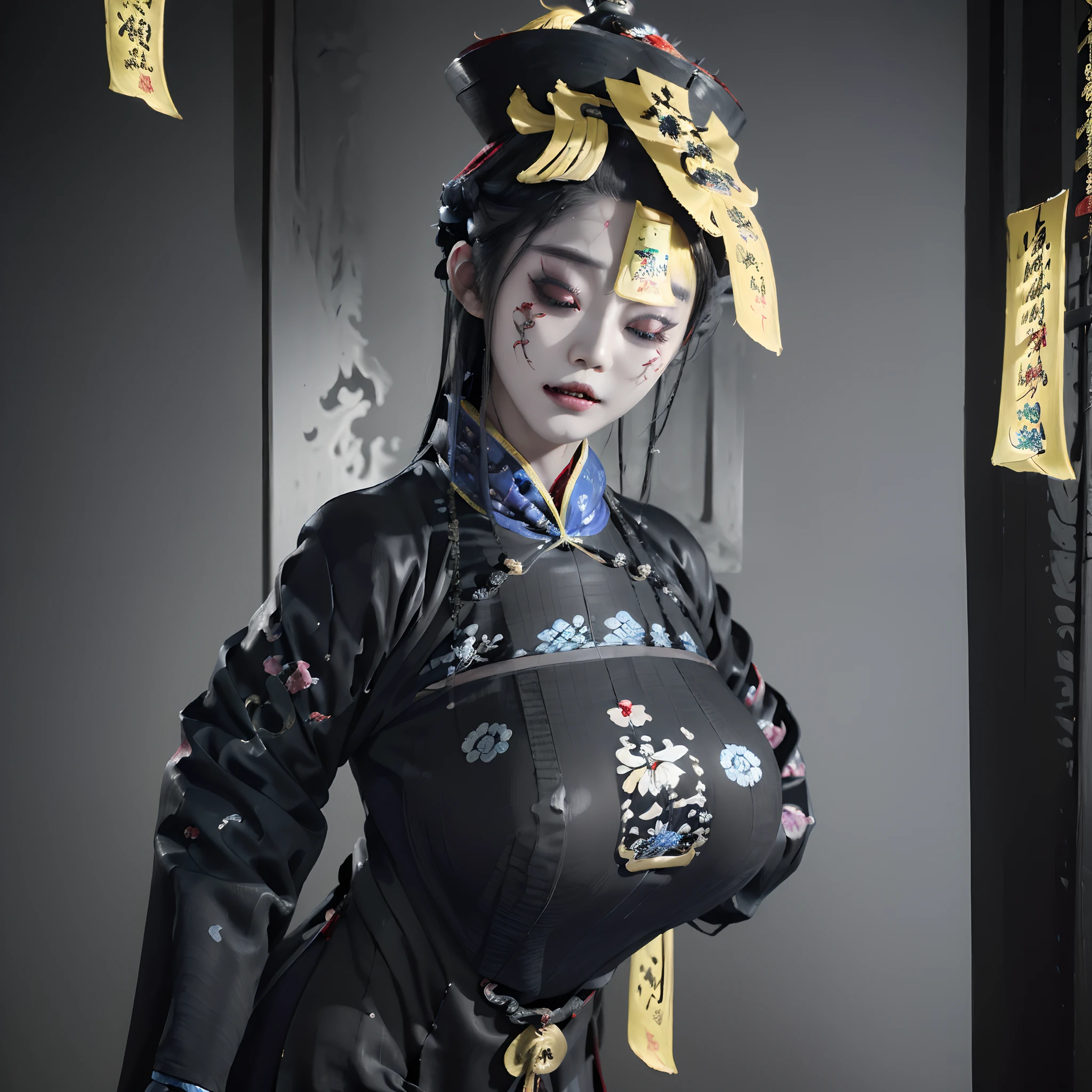 ((masterpiece, Best Quality)), 32K HDR, High resolution, Ultra-detailed, intricate detailes, Cyberpunk, ((1girl in:1.2)), Jiangshi Costume, Dressed as Jiang Shi, (Huangfu paper on the head:1.9), Solo, (yawn and closed eyes:1.1, Abandoned hut:1.2, In China), (ominous vibe), (Spooky environment), (((Realistic depiction of a girl from Jiangshi with a Huangfu paper on her head))), (creepy pose:1.1), (Spooky lighting), Visual effects with motion blur and spooky elements, Huge breasts, Colossal tits, Huge boobs,