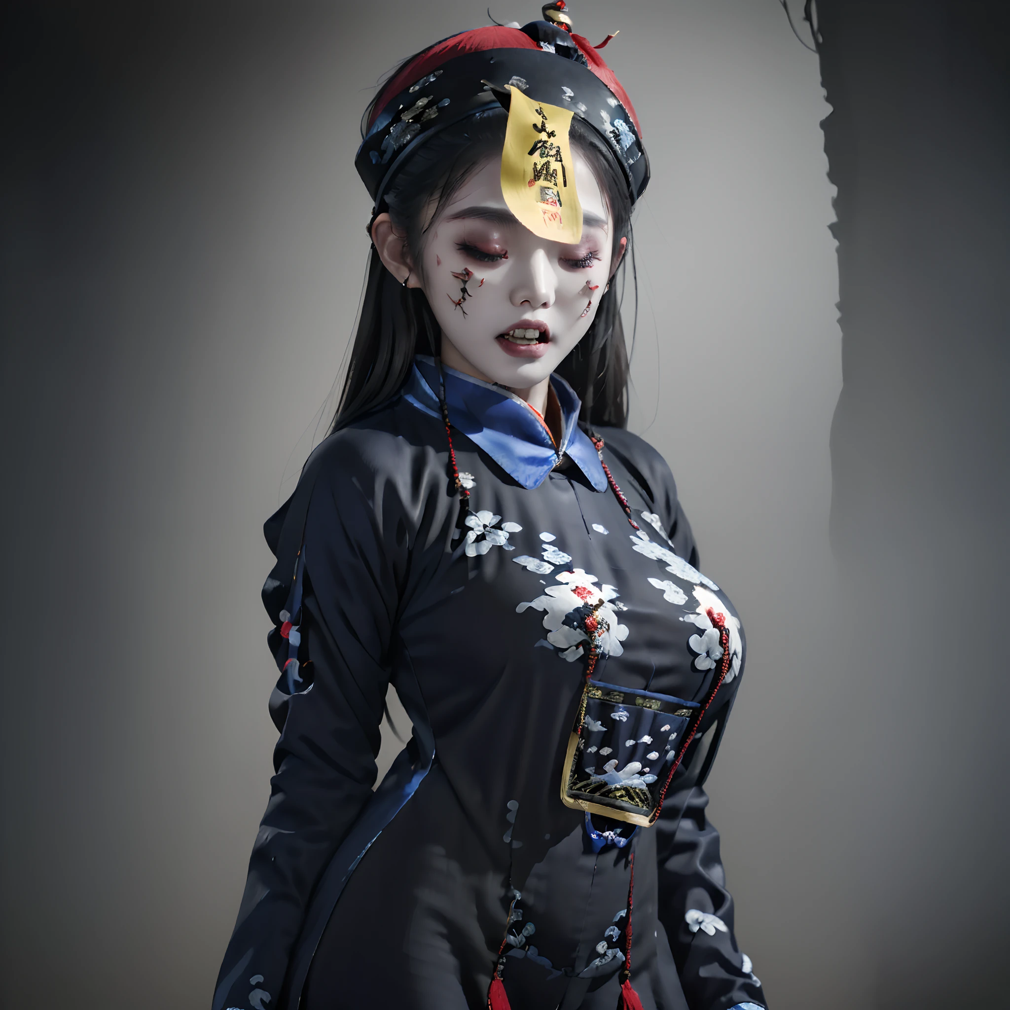 ((masterpiece, Best Quality)), 32K HDR, High resolution, Ultra-detailed, intricate detailes, Cyberpunk, ((1girl in:1.2)), Jiangshi Costume, Dressed as Jiang Shi, (Huangfu paper on the head:1.9), Solo, (yawn and closed eyes:1.1, Abandoned hut:1.2, In China), (ominous vibe), (Spooky environment), (((Realistic depiction of a girl from Jiangshi with a Huangfu paper on her head))), (creepy pose:1.1), (Spooky lighting), Visual effects with motion blur and spooky elements, Huge breasts, Colossal tits, Huge boobs,