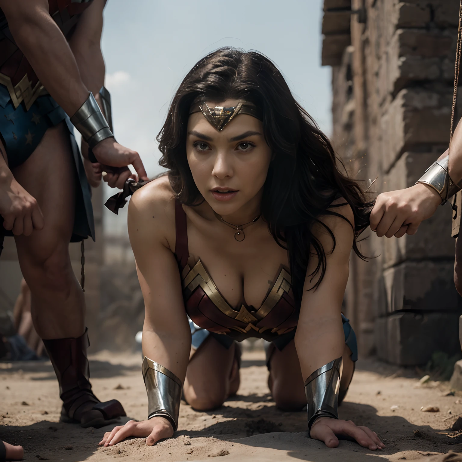 Wonder Woman in a state of servitude, crawling on all fours like a pet with collar and chain on her neck. Wonder Woman should be depicted with her hands tied behind her back and her legs tied together, with a collar around her neck. Her facial expression can convey a sense of shame, as she is forced to crawl on the ground like an animal. The image should have a dark and degrading tone, with Wonder Woman's situation being bleak and humiliating. wet body, (ten man in the background:1.3), (wonder woman eat a bowl of dog food in front of her:1.4), saliva