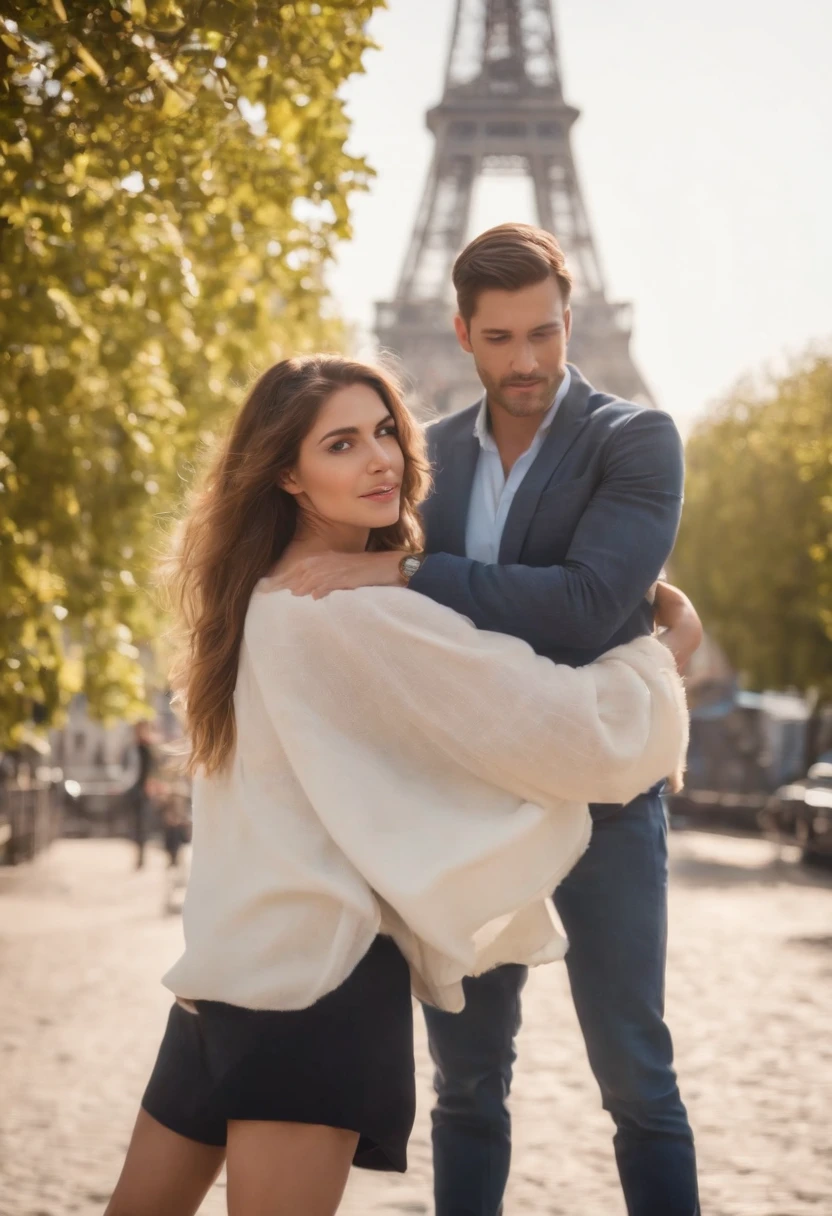 homem (masculino) e mulher (feminino) atraente proximos a torre eiffel, Cabelos castanhos, Pose atraente, Sun behind, vista atraente