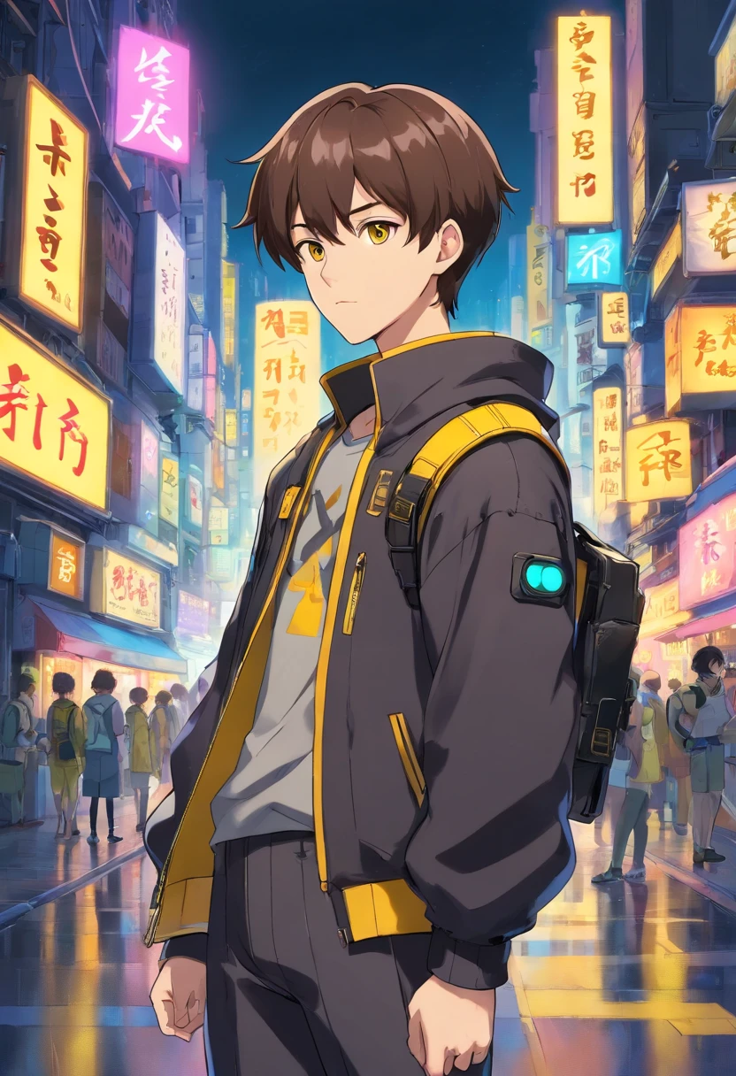 male, boy, short brown hair, using japanese cyberpunk clothes black and yellow colored, pngtuber, vtuber