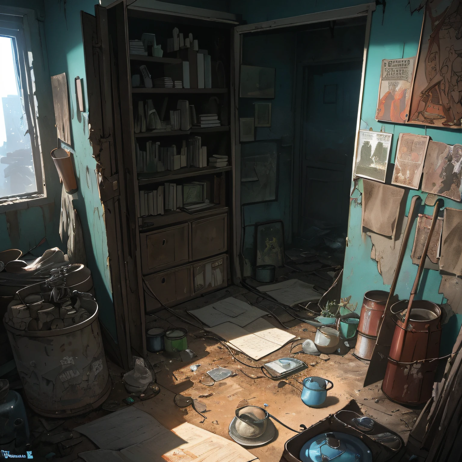 (best resolution),(masterpiece), (best shading), close-up of 1 open red suitcase full of clothes in an abandoned room with (dirt on the floor, some old torn papers, rusty cans, rusty shelves (with plastic containers, pots and tattered books), old posters broken on the walls, cracks on the walls, green mold on the surface, gray pipes on the walls, some cables pulled by the room, blue night light, dense fog, charged environment