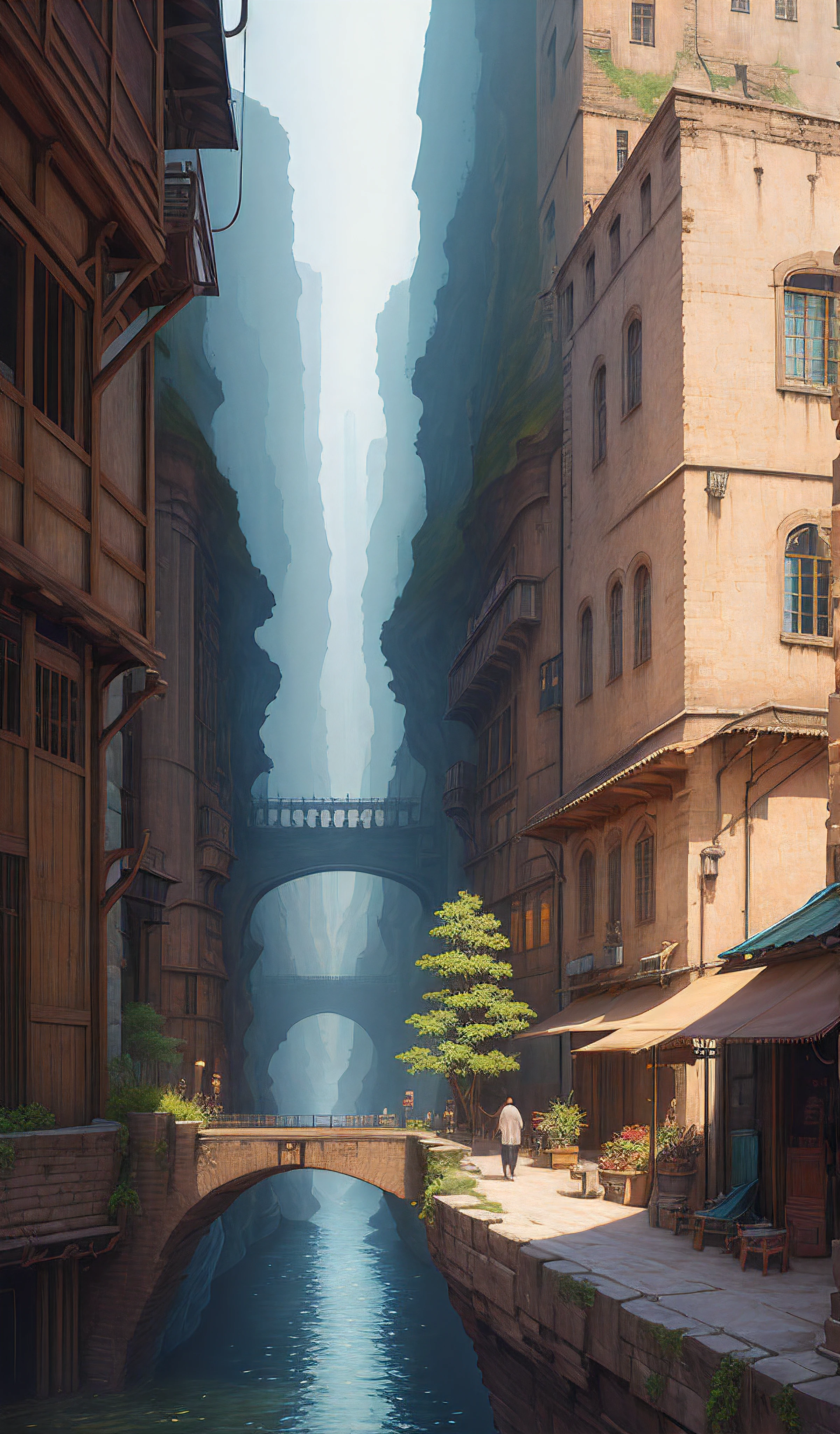 ((masterpiece)),((best quality)),((high detial)),((realistic,))
Industrial age city, deep canyons in the middle, architectural streets, bazaars, Bridges, rainy days, steampunk, European architecture