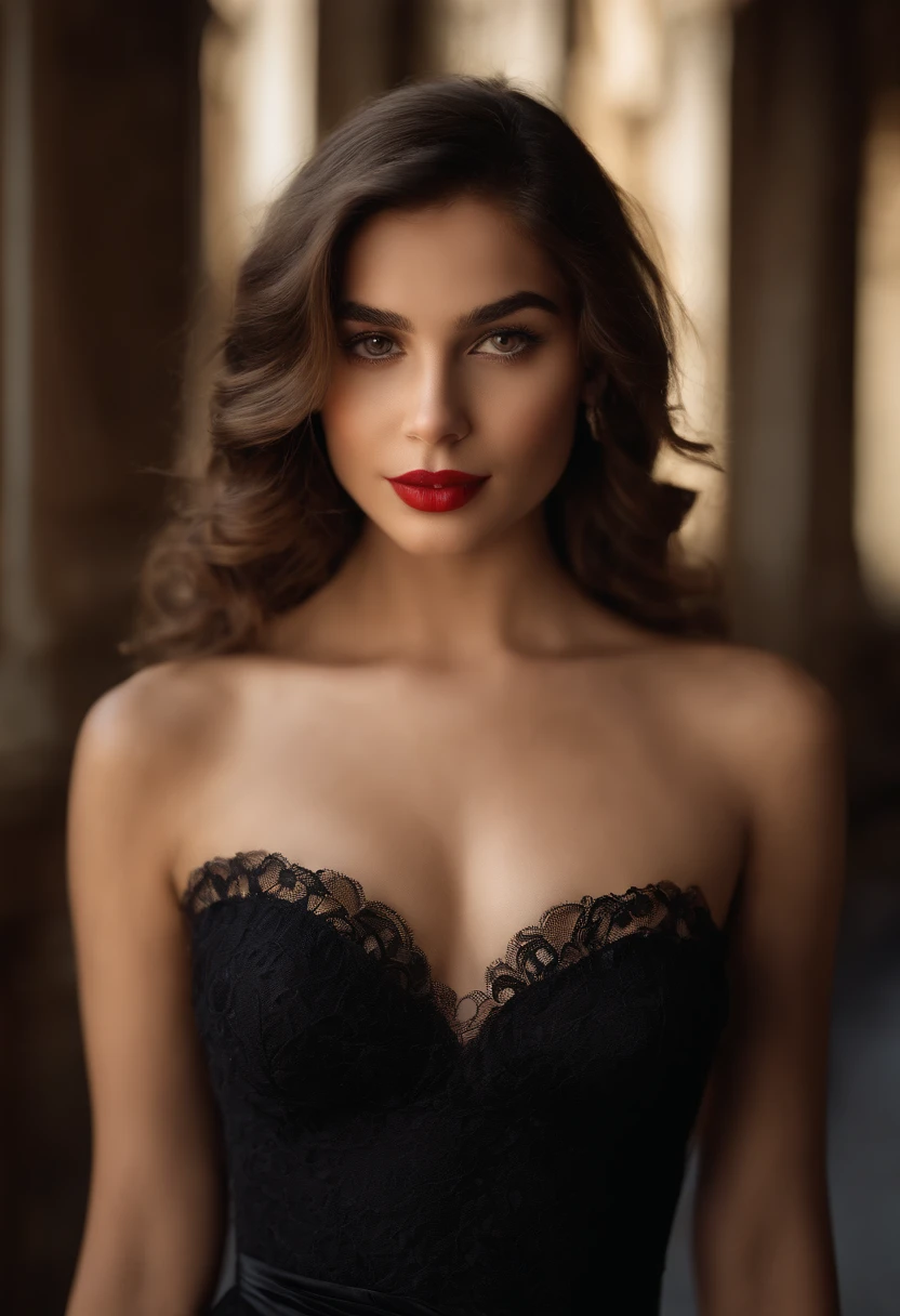 (Sharp focus:1), Poster photo, Charming Sicilian teenage girl, (Beautiful face:1.3), Detailed eyes, Sweet red lips, (C-cup breasts:1.0),Black lace bodice,(cleavage 1.2),Wavy hair,cinmatic lighting:1.2, 8K, High-density imaging,Master masterpieces