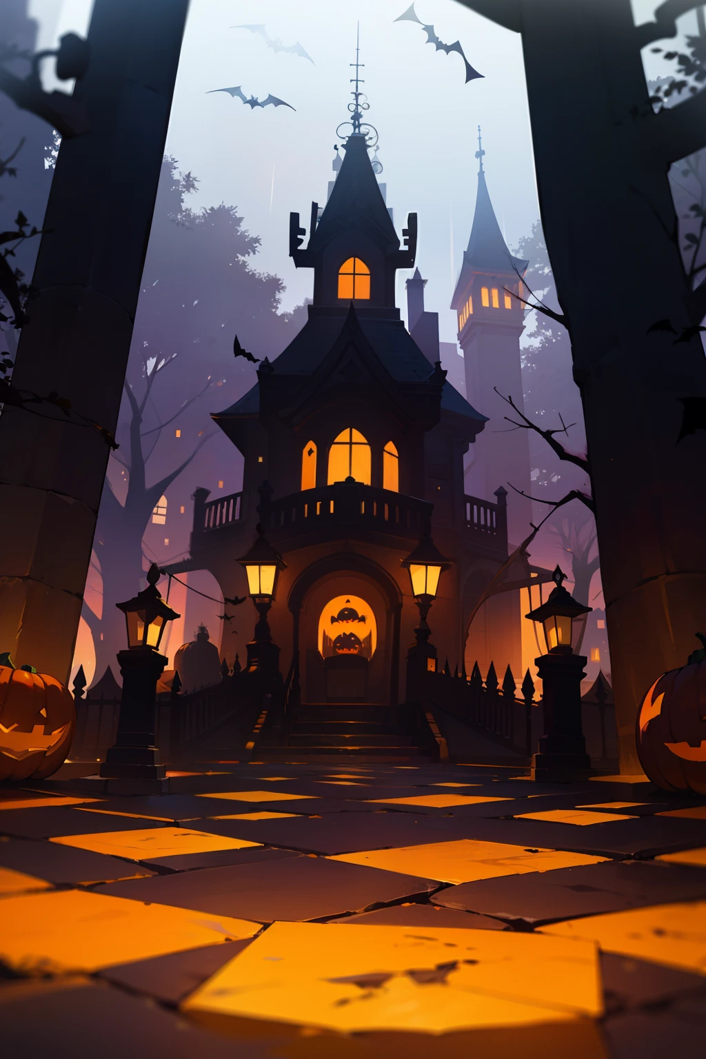 Pumpkin cart,Halloween,flagstone road,siluette,Small Fresh,Purple and yellow intersect