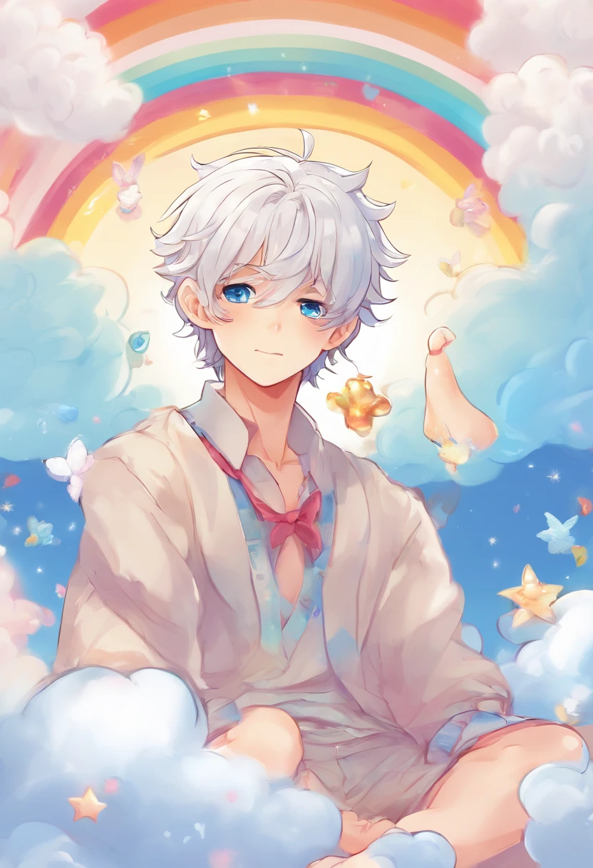 adult man, white hair, blue eyes, , sitting on a cloud, 8k