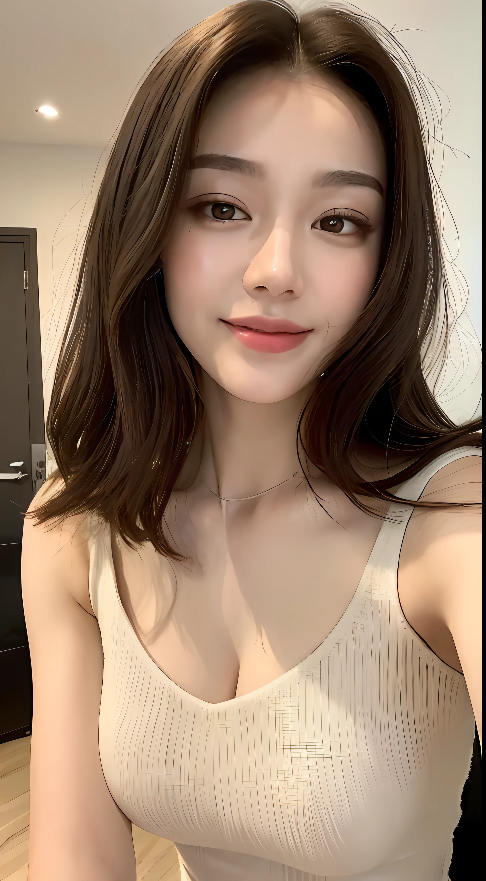 ((Best picture quality, 8K, tmasterpiece:1.3)), 1girll, Beautiful woman with slender abs:1.3, (Casual hairstyle, middle:1.2), Transparent white T-shirt:1.1, Ultra-fine face, A detailed eye, 二重まぶた，ssmile，Home，middle  breasts，Pink