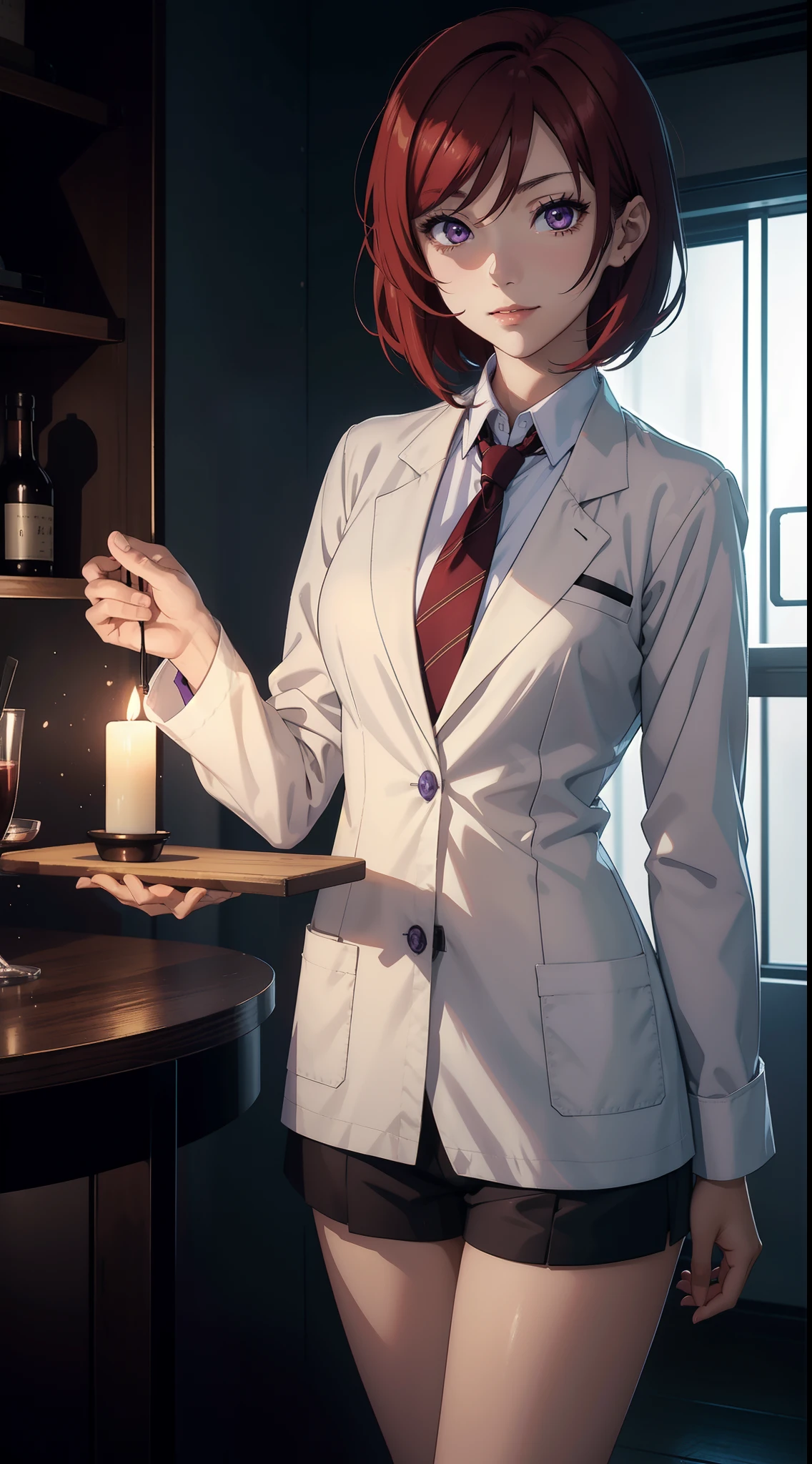 Nishikino maki, Purple eyes, white shirt, short black shorts, brown pantyhose, necktie,lab coat, slightly smile, standing, dark room lightened by candlelight
